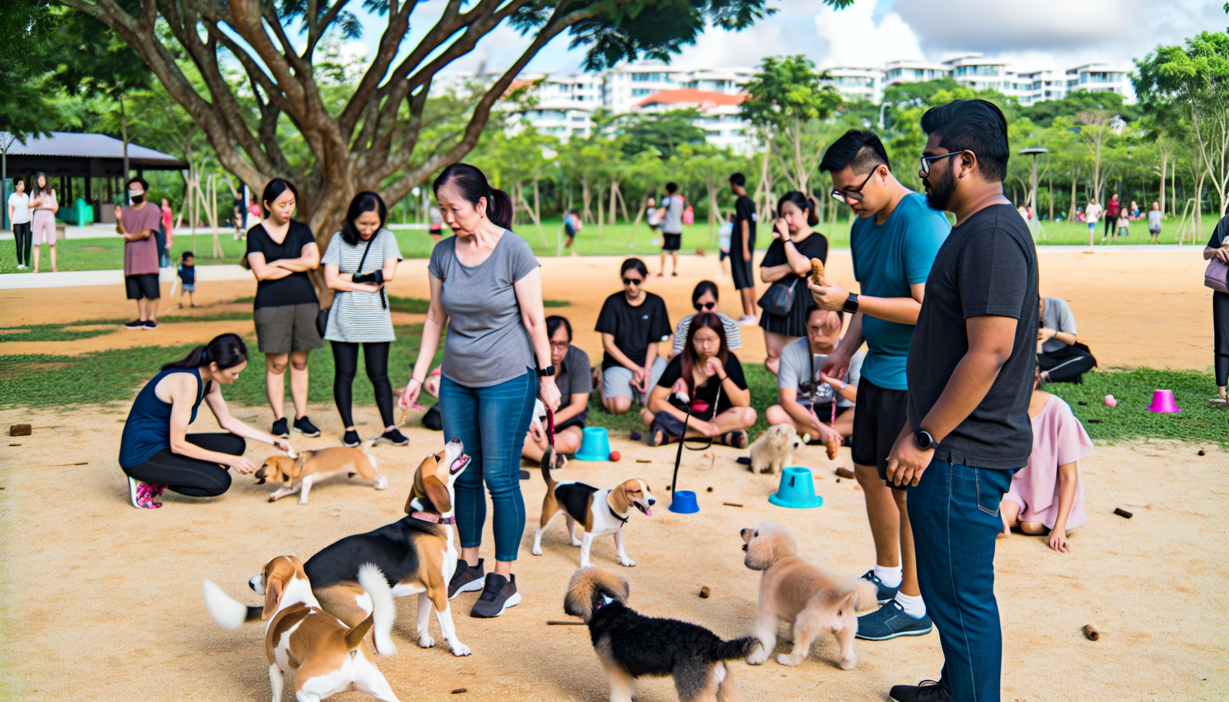 Eine kaukasische Hundetrainerin und ein südasianischer männlicher Assistent sind dabei, verschiedene Hunderassen wie Beagles, Labradore und Pudel in einer Außenumgebung zu trainieren. Sie verwenden positive Verstärkungsmethoden wie Leckerlis, Spielzeug und Lob. Die Umgebung ist ein gut gepflegter Park mit einem großen Baum und ausreichend Platz für die Hunde, um zu rennen und zu spielen. In der Nähe beobachtet eine Menge vielfältiger Menschen, die lernen und begierig darauf sind, diese Techniken mit ihren eigenen Hunden anzuwenden. Das Wetter ist perfekt, mit teilweiser Bewölkung, die Schatten für die laufenden Aktivitäten bietet.