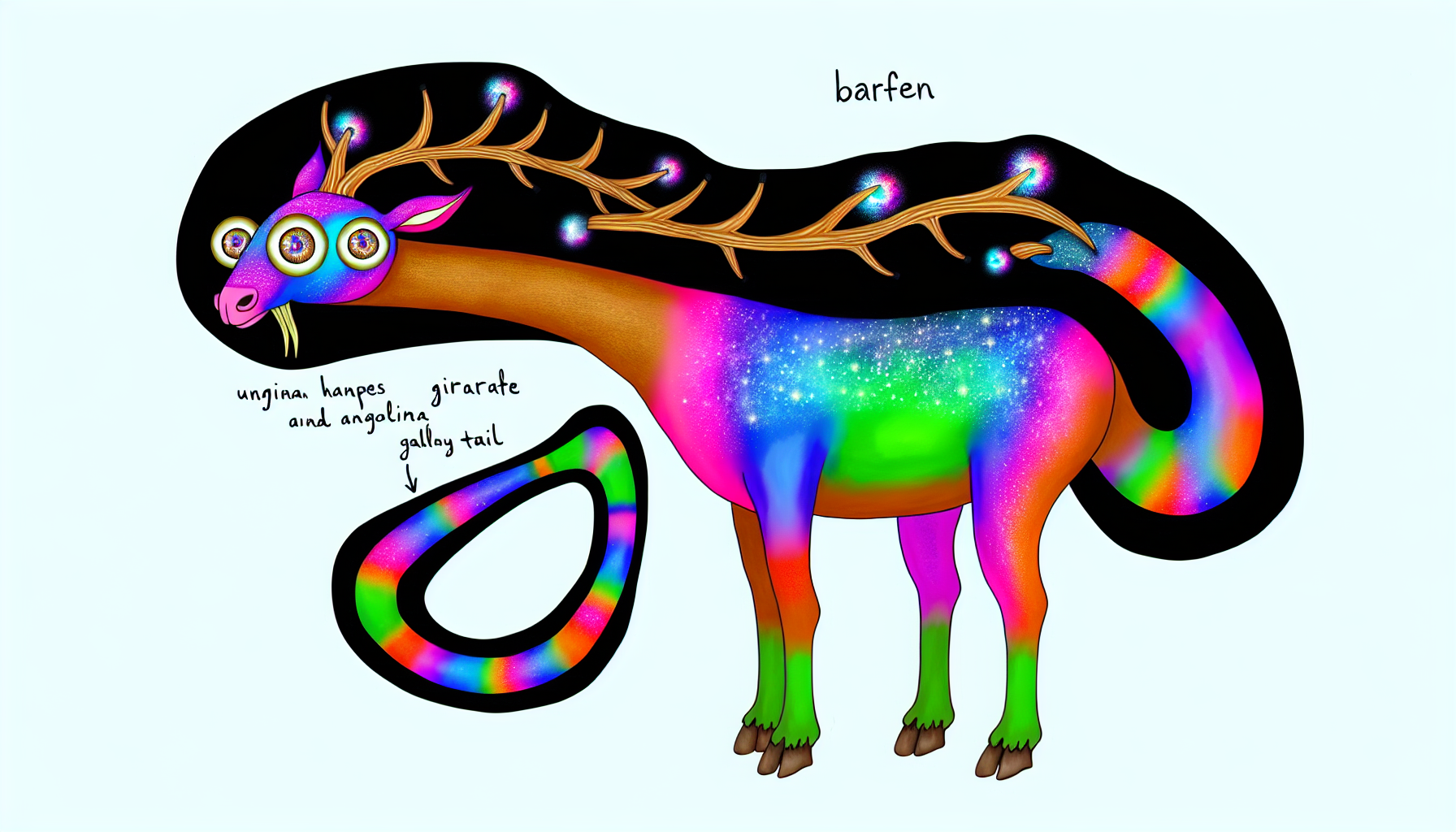 Ein imaginäres Wesen namens Barfen, das eine Körperform ähnlich einer Giraffe hat, aber mit leuchtenden Regenbogenstreifen, die entlang seines Fells strahlen. Es hat lange, spiralförmige Geweihstangen, die mit funkelnden Sternen geschmückt sind. Das Wesen besitzt zwei große, runde Augen, die ein faszinierendes Galaxiemuster widerspiegeln. Ein ungewöhnlicher Schwanz, ähnlich dem eines Kängurus, dient zur Balance und Bewegung und wächst aus seinem Hinterteil.