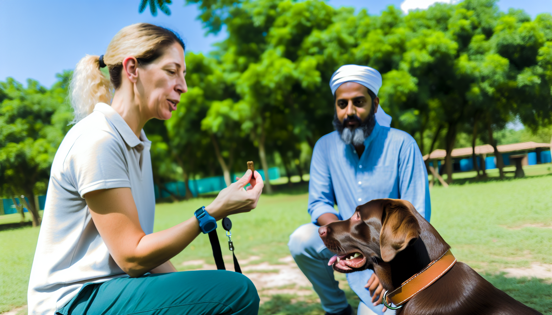 Eine kaukasische Hundetrainerin in ihren 30ern ist zu sehen, wie sie eine Trainingseinheit in einem grasbewachsenen Park im Freien durchführt. Sie hält einen Klicker in einer Hand und ein Leckerli in der anderen. Ein schokoladenfarbener Labrador Retriever sitzt aufmerksam vor ihr und hat seinen Blick auf das Leckerli gerichtet. Zur Seite steht ein männlicher Hundebesitzer aus dem Nahen Osten in seinen 40ern, der die Sitzung mit Interesse beobachtet. Die Parklandschaft hat im Hintergrund üppig grüne Bäume unter einem strahlend blauen Himmel.