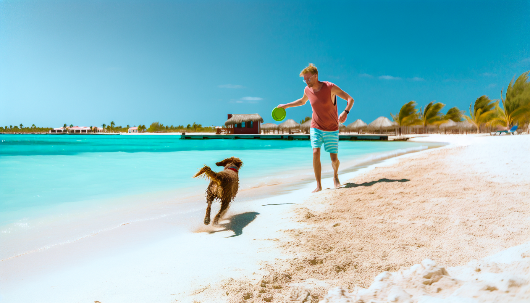 Eine Person, die ihren Hund in den Urlaub mitnimmt. Sie befinden sich an einem wunderschönen Strand mit türkisfarbenem Wasser und einem sonnigen Himmel. Die Person ist kaukasisch, männlich und spielt am Ufer mit dem Hund Frisbee. Er wirft die Frisbee und der energiegeladene Hund stürzt begeistert darauf zu, während der Sandstrand unter seinen Pfoten knirscht. Im Hintergrund sind Palmen und Strandhütten zu sehen, die zur tropischen Urlaubsatmosphäre beitragen.