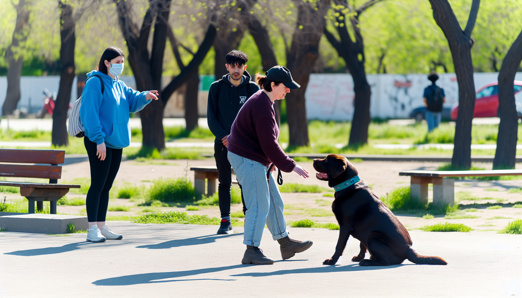 Eine Szene des Hundetrainings. Eine weiße kaukasische Hundetrainerin, die ein lässiges Outfit mit einer Mütze trägt, trainiert einen großen Schokoladen-Labrador in einem Freiluftpark bei hellem Tageslicht. Der Hund sitzt gehorsam, während die Trainerin ein Handzeichen gibt. Passanten, ein schwarzer Mann und eine asiatische Frau, beobachten bewundernd das Training aus einiger Entfernung. Im Hintergrund sind Bäume, Gras und ein klarer blauer Himmel zu sehen.