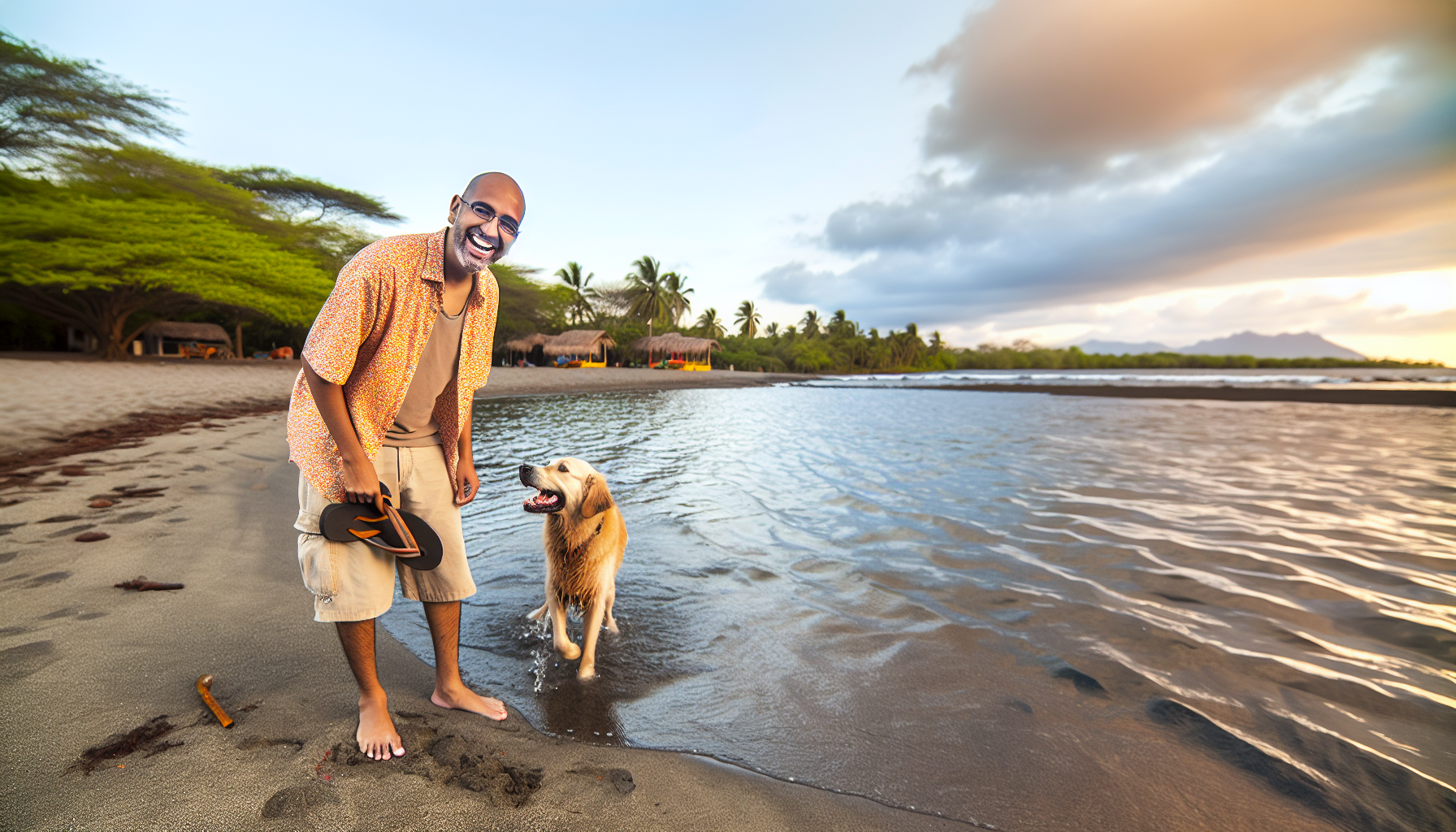 Eine Person im Urlaub mit ihrem Hund. Die Person hat hispanische Wurzeln, ist vielleicht Ende 30 und hat eine l&Atilde;&curren;chelnde, freundliche Ausstrahlung. Sie befindet sich in der N&Atilde;&curren;he eines Strandes, die Sandalen zur Seite gekickt, w&Atilde;&curren;hrend sie im flachen Wasser mit einem verspielten Golden Retriever watet. Der Himmel zeigt eine wundersch&Atilde;&para;ne Mischung aus orangefarbenen und rosa Farbt&Atilde;&para;nen, die Sonne beginnt gerade unterzugehen. Tropische B&Atilde;&curren;ume s&Atilde;&curren;umen die Landschaft, und das sanfte Ger&Atilde;&curren;usch der Wellen, die sanft gegen das Ufer schlagen, ist fast zu h&Atilde;&para;ren. Das Bild vermittelt ein Gef&Atilde;&frac14;hl von Ruhe und Freude.