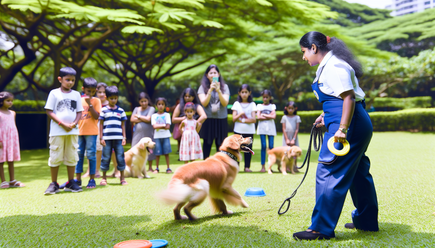 Eine detaillierte Szene, die eine Hundetrainingseinheit in einem Ã¼ppig grÃ¼nen Park zeigt. Im Vordergrund hÃ¤lt eine sÃ¼dasianische Frau in professioneller Trainingskleidung eine Leine, die mit einem energiegeladenen Golden Retriever verbunden ist, und fÃ¼hrt ihn durch verschiedene Gehorsamskommandos. Im Hintergrund beobachten Kinder unterschiedlicher Herkunft mit Neugier die Trainingseinheit, ihre Gesichter sind voller Freude und Faszination. Ein Frisbee und einige Trainingsutensilien sind verstreut herum. Die AtmosphÃ¤re ist frÃ¶hlich und geschÃ¤ftig, an einem klaren Tag mit einem wolkenlosen blauen Himmel darÃ¼ber.