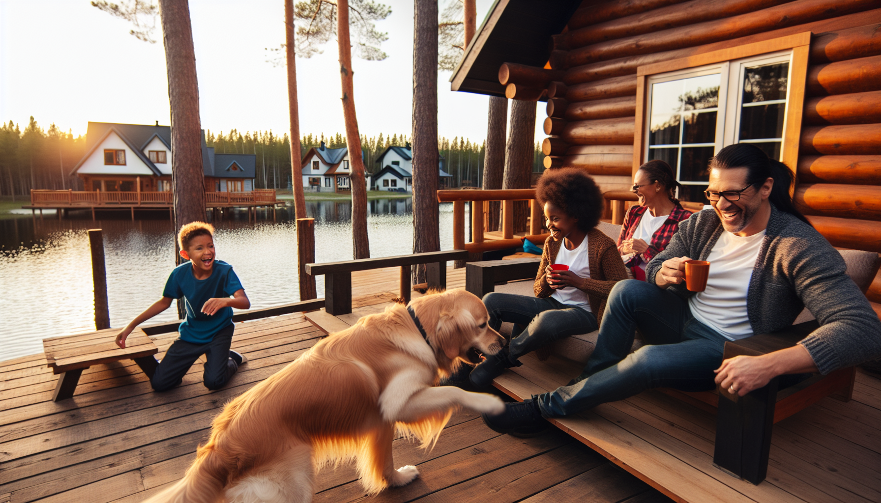 Ein Familienurlaub mit einem Haustierhund. Eine gemÃ¼tliche BlockhÃ¼tte, eingebettet zwischen den BÃ¤umen, mit einem See im Hintergrund. Ein kaukasischer Vater und eine schwarze Mutter sitzen entspannt auf der Holzterrasse, lachen und genieÃŸen eine Tasse Kaffee. Ihre beiden Kinder, ein hispanischer Junge und ein sÃ¼dasiatisches MÃ¤dchen, spielen mit ihrem Golden Retriever am See. Die Sonne geht unter und taucht die Szene in ein wunderschÃ¶nes bernsteinfarbenes Licht.