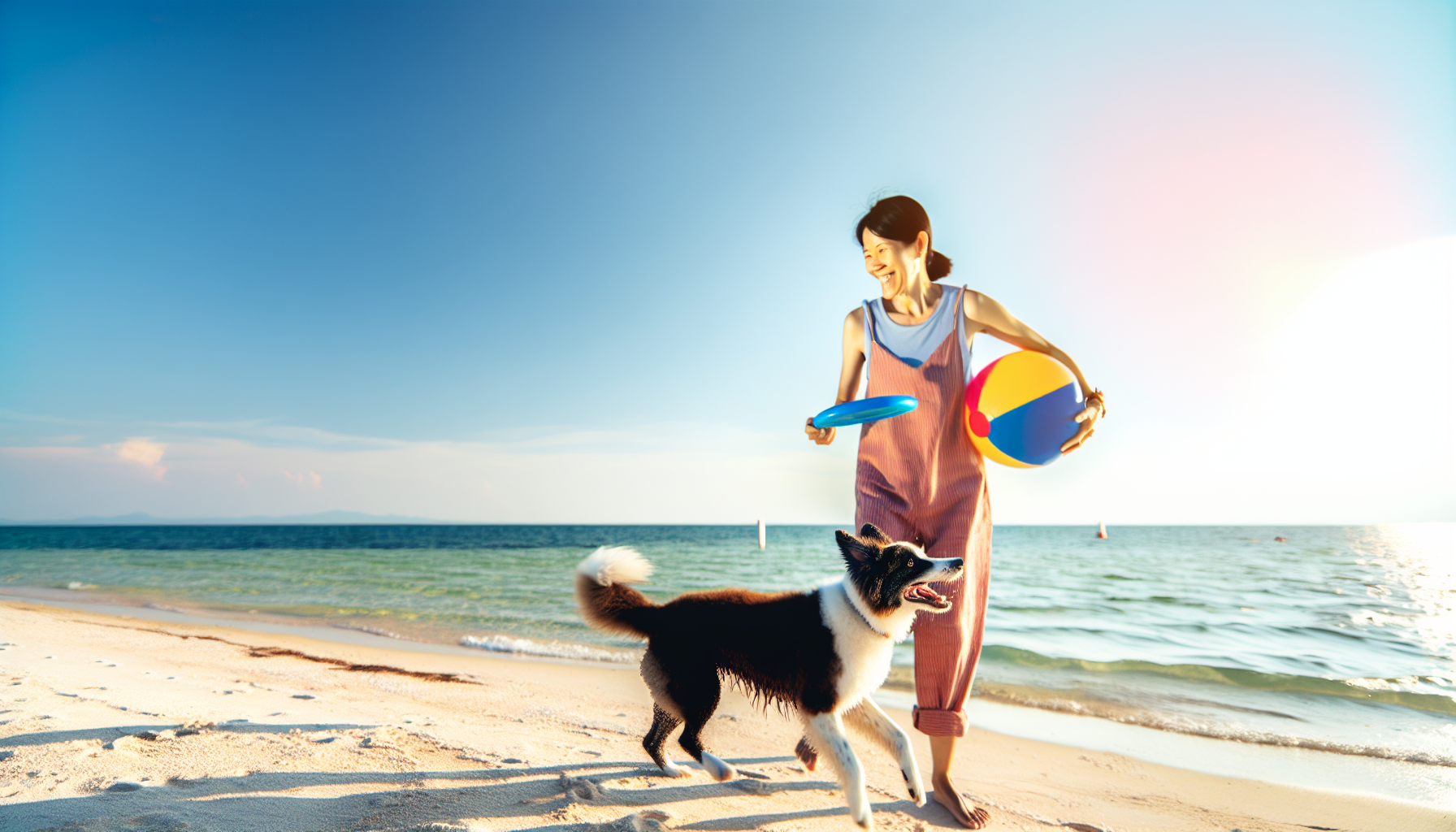Eine Person im Urlaub mit ihrem Hund. Die Person ist ostasiatischer Abstammung und weiblichen Geschlechts, trägt legere Sommerkleidung und steht an einem sandigen Strand mit einem klaren blauen Meer im Hintergrund. Sie hält einen Strandball unter einem Arm und einen Frisbee in der anderen Hand. Der Hund, ein verspielter Border Collie, läuft energetisch um sie herum, bellt fröhlich und jagt dem Frisbee hinterher. Die Sonne geht unter und streut warme Farben über den Himmel, wodurch eine schöne, friedliche Atmosphäre entsteht.