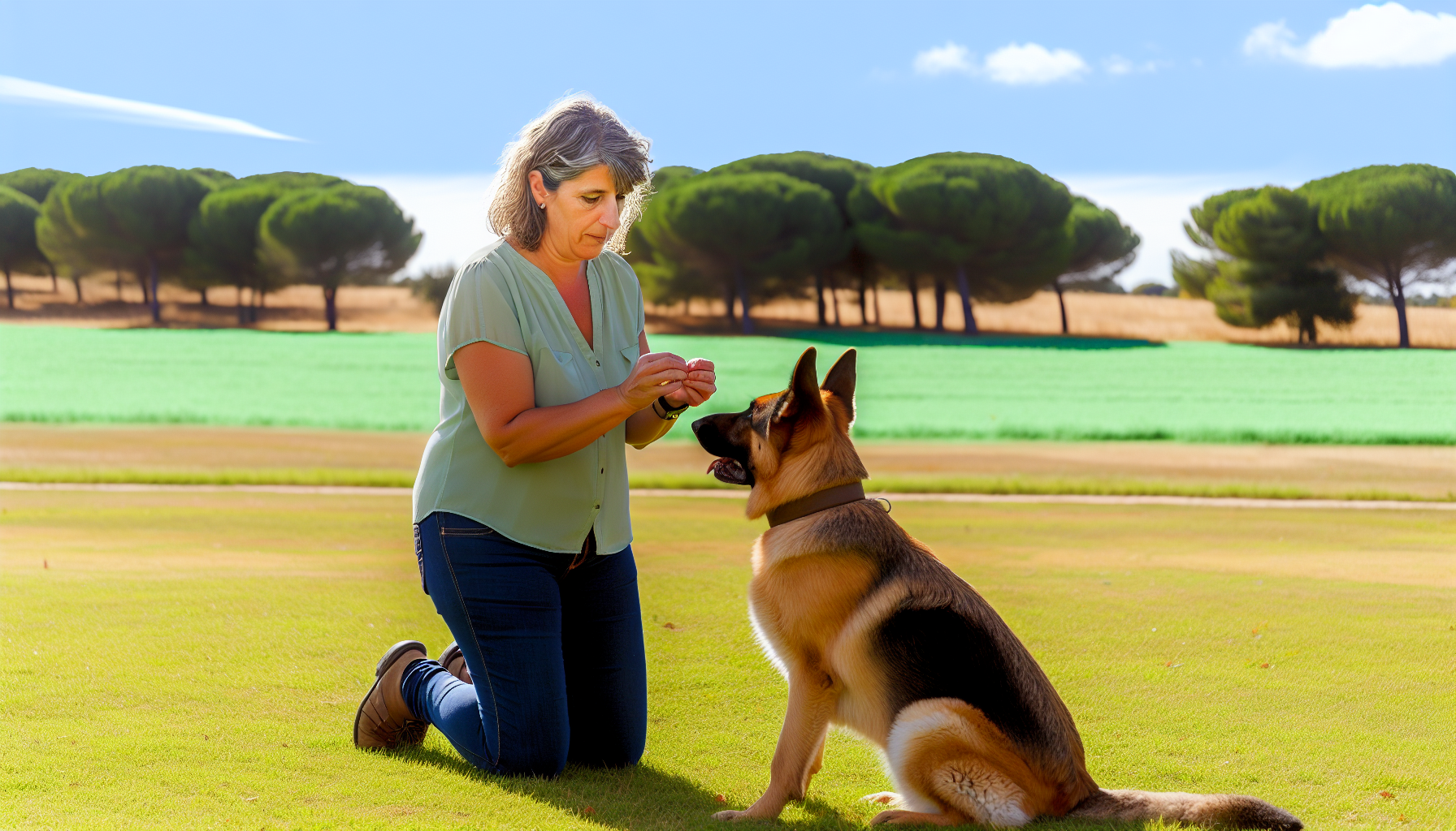 Eine kaukasische Hundetrainerin bringt einem Deutschen Schäferhund bei, auf Kommando zu sitzen, in einem Park an einem sonnigen Tag. Im Hintergrund ist ein grünes, grasbewachsenes Feld zu sehen, in der Ferne stehen Bäume, und der Himmel ist blau. Die Frau wird als geduldig und freundlich dargestellt, während sie positive Verstärkungstechniken wie Leckerlis anwendet. Der Deutsche Schäferhund ist eifrig und konzentriert, seine Augen sind auf die Frau gerichtet, während er auf weitere Anweisungen wartet.