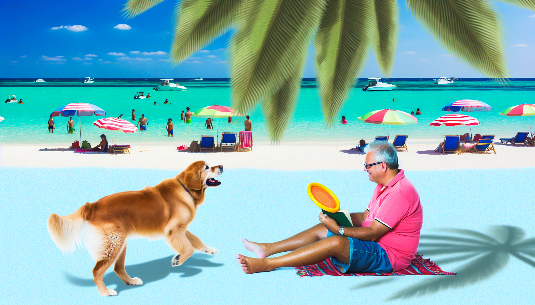 Eine Person und ihr Hund im Urlaub. Die beiden genießen einen sonnigen Tag am Strand. Der Hund, ein Golden Retriever, spielt mit einem Frisbee, während die Person, ein mittelalter asiatischer Mann, unter einer Palme sitzt und ein Buch in den Händen hält. Sie sind umgeben von weitläufigem türkisfarbenem Wasser, weißen Sandstränden, die mit bunten Strandliegen gespickt sind, und hell gekleideten Touristen, die ihren Sommerurlaub genießen.