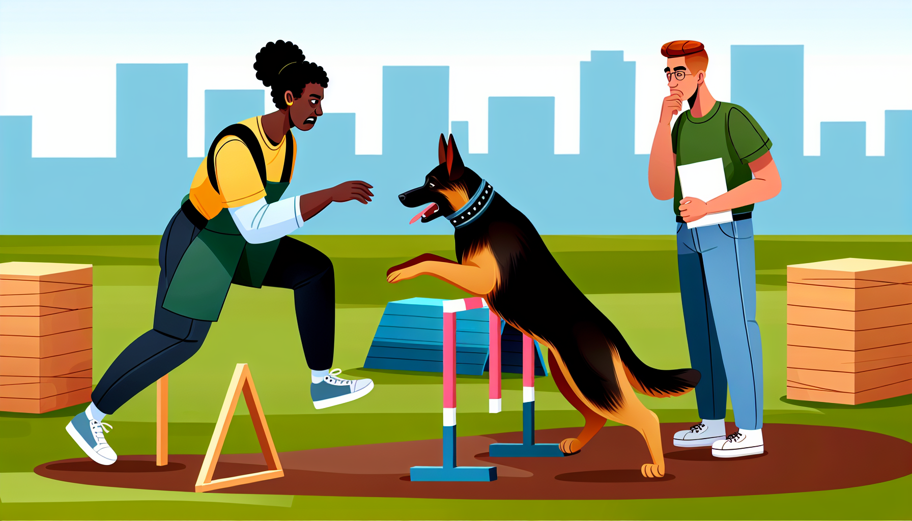 Stellen Sie sich eine detaillierte Szene des Hundetrainings vor. Eine schwarze Frau, gekleidet in professionelle Hundetrainer-Ausrüstung, leitet einen Deutschen Schäferhund durch einen Hindernisparcours. Der Hund folgt den Befehlen der Trainerin aufmerksam und springt über eine Hürde. An der Seite beobachtet ein weißer Mann, ein weiterer angehender Hundetrainer, das Training aufmerksam und macht sich Notizen. Die Trainingseinheit findet an einem sonnigen Tag in einem Park im Freien statt, mit der Stadtlandschaft im Hintergrund.