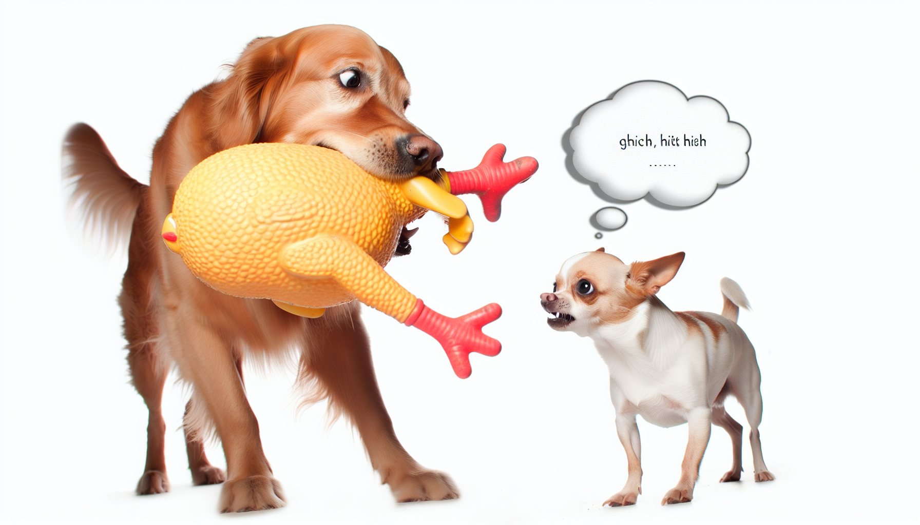 Eine humorvolle Szene mit Hunden. Ein großer, lebensfroher Golden Retriever mit glänzendem Fell hält ein Gummihühnchen im Maul. Sein Schwanz wedelt und seine Augen funkeln vor Schalk. Ein kleiner, temperamentvoller Chihuahua mit einem Hauch von Attitüde schaut zu dem Spielzeug auf und hat große Lust zu spielen. Der Chihuahua steht auf seinen Hinterbeinen, seine kleinen Pfoten sind in Richtung des Golden Retrievers ausgestreckt, während ein verspieltes Bellen um sie herum hallt. Eine Sprechblase mit einem witzigen Punchline schwebt über dem Chihuahua und verleiht der Szene einen komischen Touch.