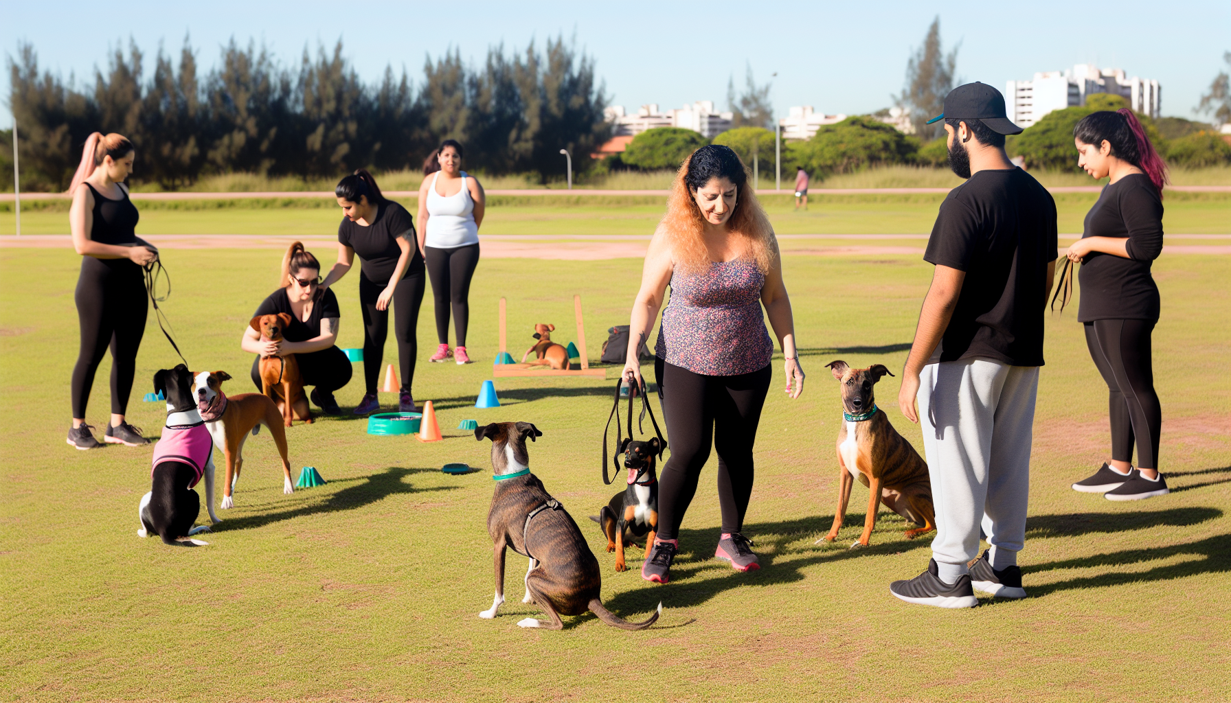 Eine professionelle Hundetrainerin, eine mittelalte hispanische Frau, leitet einen Hundetraining-Kurs in einem geräumigen Außenpark. Sie hat eine Gruppe von Hunden verschiedener Rassen, Größen und Alters, wobei der Fokus auf bestimmten Kommandos wie „Sitz“, „Bleib“ und „Komm“ liegt. Die Hunde und ihre Besitzer, eine Mischung aus jungen kaukasischen Männern und älteren südasiatischen Frauen, nehmen begeistert an der Sitzung teil. Die Atmosphäre ist von Aufregung und Entschlossenheit geprägt, und das Grasfeld ist mit Trainingsgeräten wie Pylonen und Hürden übersät. Der Himmel ist klar und blau, was den Tag perfekt für den Kurs macht.