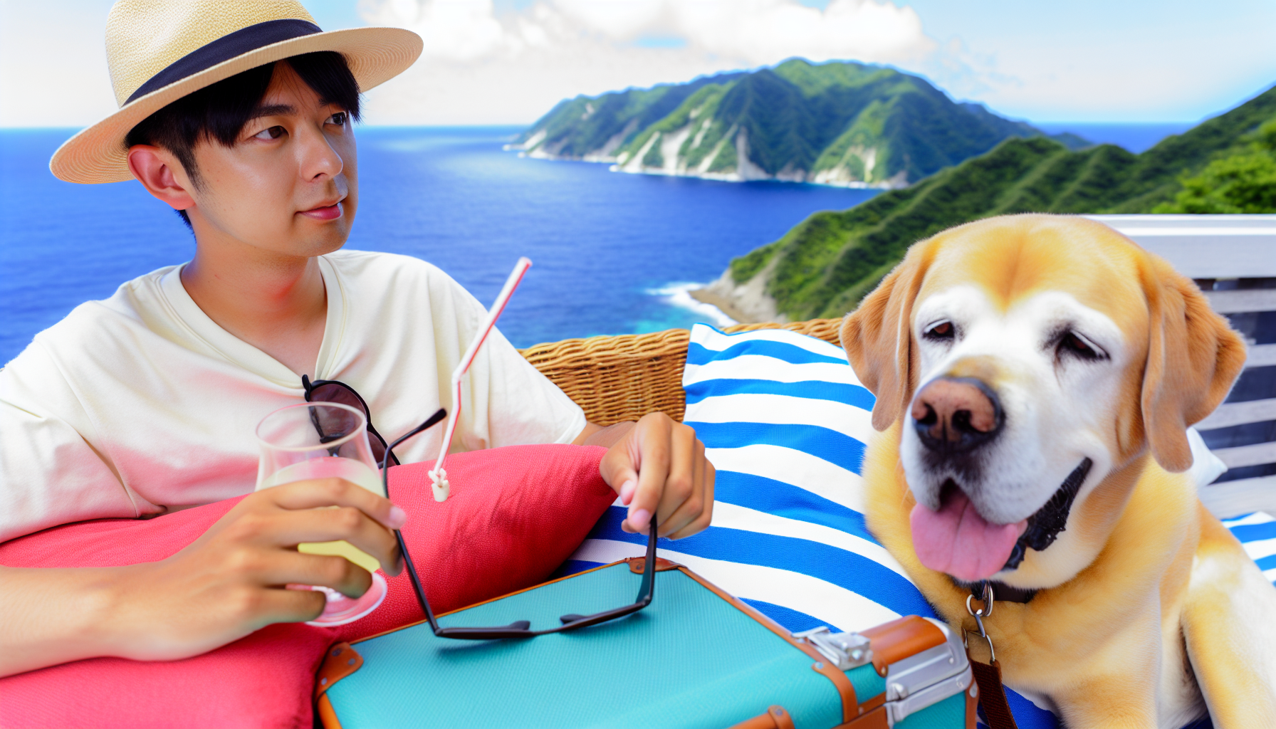 Eine Person, die mit ihrem Hund Urlaub macht.