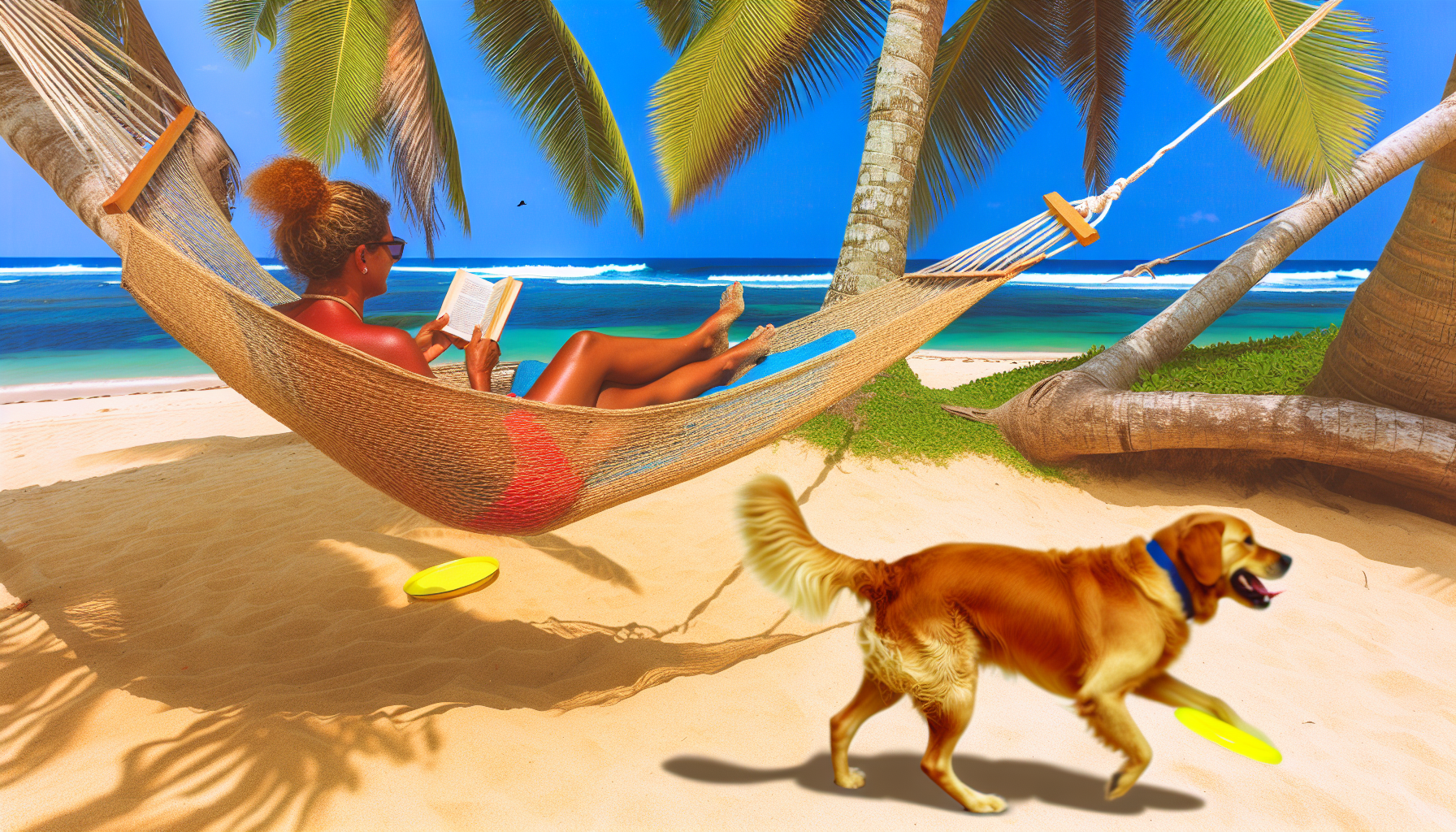 Eine entspannende Urlaubsatmosphäre mit einer Person und ihrem treuen Hund. Die Person sitzt in einer geflochtenen Hängematte, die zwischen zwei hohen Palmen gespannt ist. Sie hat einen entspannten, sonnengebräunten Teint und liest ein Buch. Ihr vertrauensvoller Hund, ein mittelgroßer Golden Retriever, spielt in der Nähe im Sand und jagt einem leuchtend gelben Frisbee nach. Im Hintergrund schlagen die kristallklaren Wellen des Ozeans sanft gegen den goldenen Sandstrand unter einem strahlend blauen Himmel. Gelegentlich fliegen einheimische Vögel in tropischen Farben umher und zwitschern fröhlich, während sie ihre ruhige Umgebung genießen.