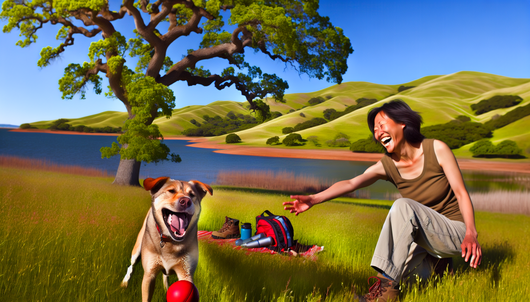 Ein Urlaub mit dem Hund. Eine malerische Landschaft mit sanften H&Atilde;&frac14;geln und einem ruhigen See, umgeben von sattem, lebhaft gr&Atilde;&frac14;nem Gras und einem klaren, azurblauen Himmel. Der Hund, eine mittelgro&Atilde;Ÿe Rasse mit tanfarbenem Fell, spielt fr&Atilde;&para;hlich mit einem leuchtend roten Ball. Eine asiatische Frau wirft den Ball, das Lachen strahlt aus ihren Augen. Sie tr&Atilde;&curren;gt legere Wanderausr&Atilde;&frac14;stung, passend f&Atilde;&frac14;r einen entspannten Urlaub in der Natur. In der N&Atilde;&curren;he sind Campingausr&Atilde;&frac14;stung und eine Picknickdecke im Schatten einer hochgewachsenen Eiche aufgestellt, was die ruhige Einfachheit eines Urlaubs mit dem besten Freund des Menschen verk&Atilde;&para;rpert.
