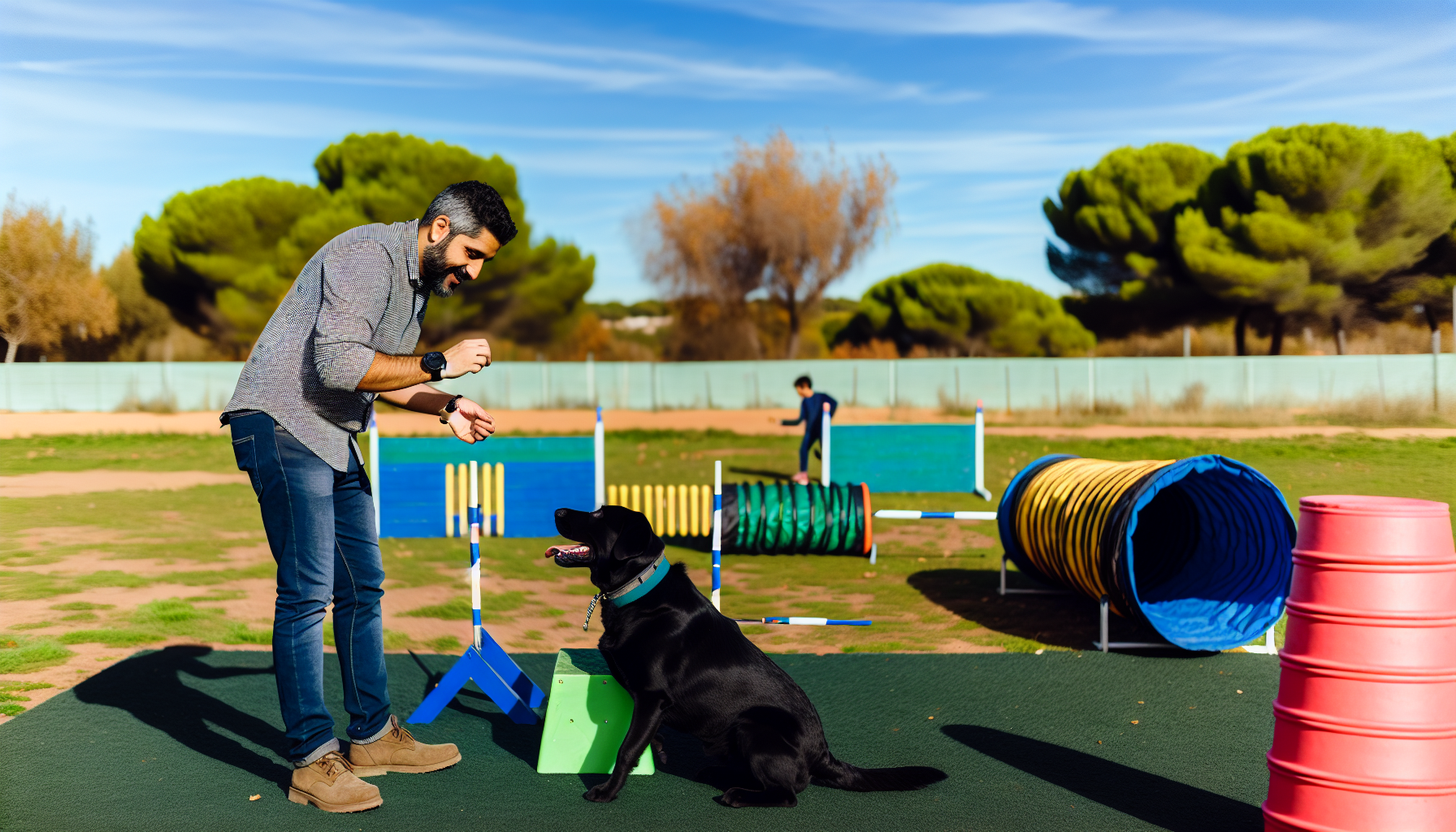 Ein Szenario, das das Hundetraining zeigt. In der Szene verwendet ein hispanischer männlicher Hundetrainer positive Verstärkungstechniken, um einen schwarzen Labrador zu trainieren. Der Trainer hält ein Leckerli in der Hand, während er dem Hund beibringt, sich zu setzen. Im Hintergrund befindet sich ein Agility-Kurs mit verschiedenen Geräten wie Tunneln, Slalomstangen und Rampen. Die Umgebung ist ein Park im Freien mit Bäumen in der Ferne, einem klaren blauen Himmel darüber, und das Lachen von spielenden Kindern ist in der Nähe zu hören.