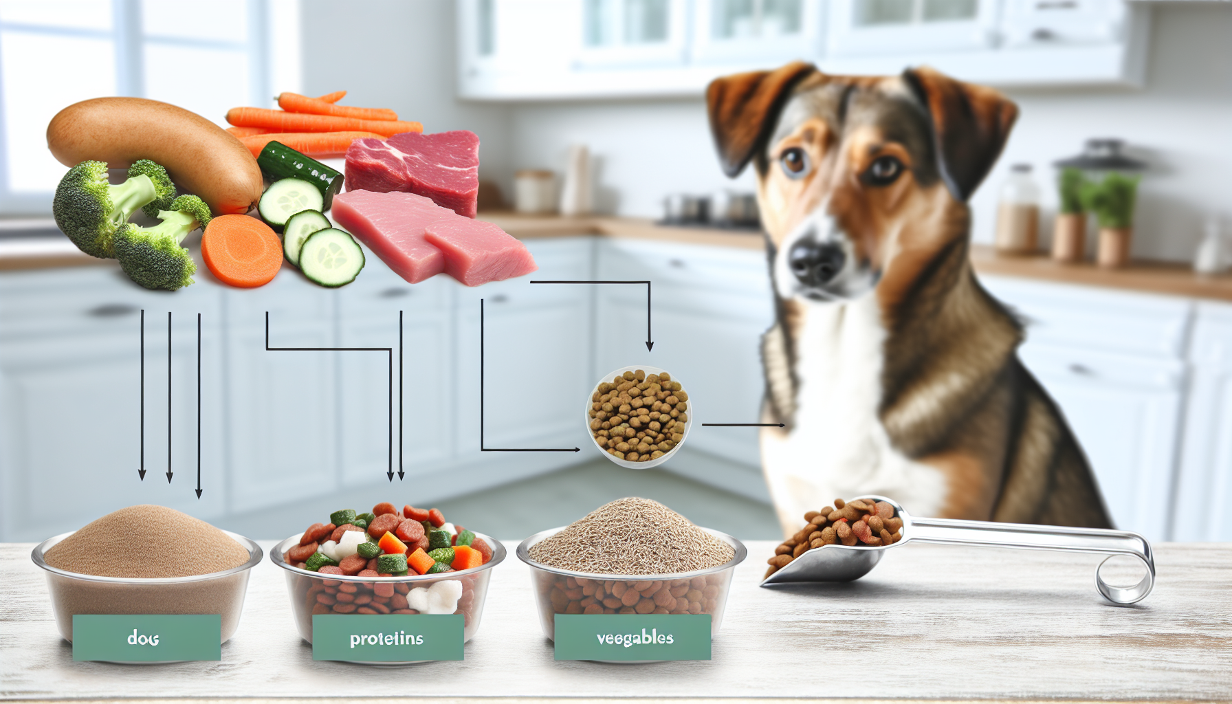 Ein visueller Leitfaden, wie man einen Hund richtig füttert. Das Bild zeigt eine ausgewogene Ernährung, die aus angemessenen Portionen von Proteinen, Gemüse und Getreide besteht, die typischerweise für Hunde geeignet sind. Ein spezieller Messbecher wird ebenfalls gezeigt, der die richtige Menge an Futter angibt, die zu den Mahlzeiten gegeben werden sollte. Die Umgebung ist eine saubere, organisierte Küche, und der Hund, der geduldig auf sein Essen wartet, ist eine gesunde, mittelgroße Rasse mit einem glänzenden Fell.