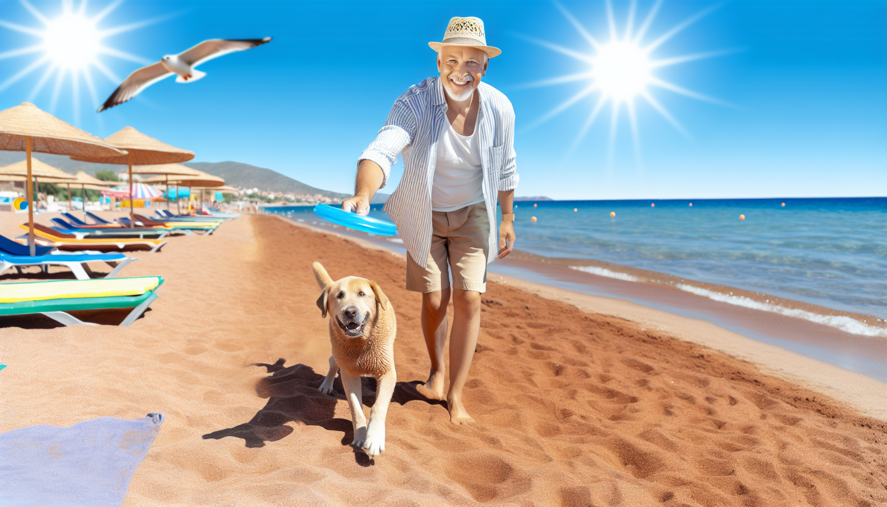 Eine erfreuliche Urlaubsszene, in der ein kaukasischer Mann einen Tag mit seinem Haustierhund genieÃŸt. Sie befinden sich an einer KÃ¼ste, auf sandigen StrÃ¤nden mit kastanienbraunem Sand unter der strahlenden Mittagssonne. Sie spielen Apportieren, und der Hund kommt mit einer Scheibe im Mund zurÃ¼ck. Der Mann trÃ¤gt legere Strandkleidung â€“ einen hellen Strohhut, ein gestreiftes Hemd und khakifarbene Shorts. Im Hintergrund erstreckt sich ein ruhiges azurblaues Meer bis zum Horizont, und bunte Strandsonnenschirme sowie Strandbesucher sind verstreut. Eine MÃ¶we schwebt am klaren Himmel.
