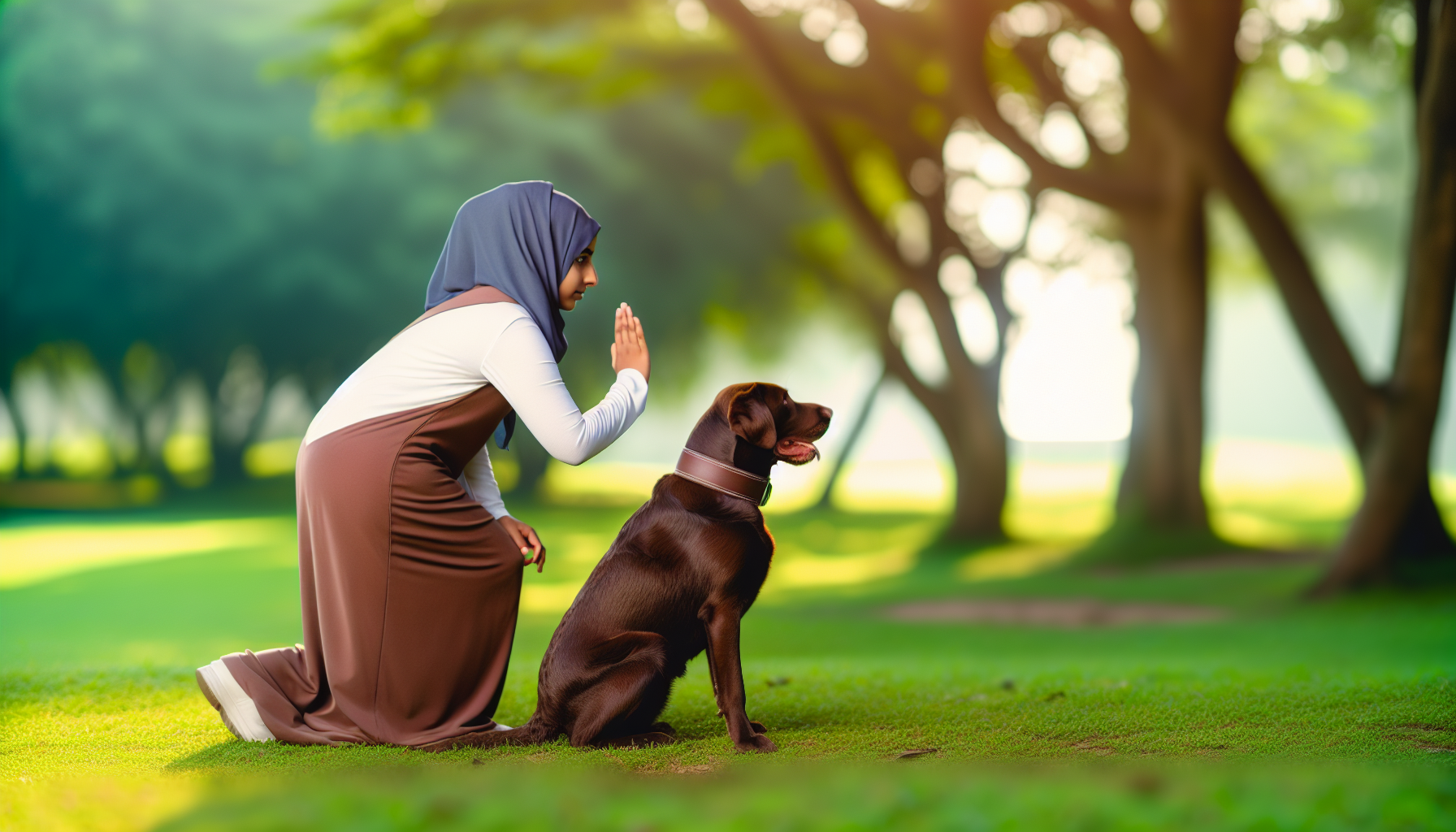 Ein Bild, das eine Hundetrainingssitzung in einer malerischen Parklandschaft zeigt. Eine Trainerin aus dem Nahen Osten weist sanft einen gehorsamen Schokoladen-Labrador an, sich zu setzen. Der Hund konzentriert sich aufmerksam auf sie, und eine Atmosphäre von Kameradschaft und gegenseitigem Respekt ist zwischen ihnen spürbar. Die Umgebung ist üppig und grün, mit sanftem Morgenlicht, das durch das Blätterdach der Bäume filtert.