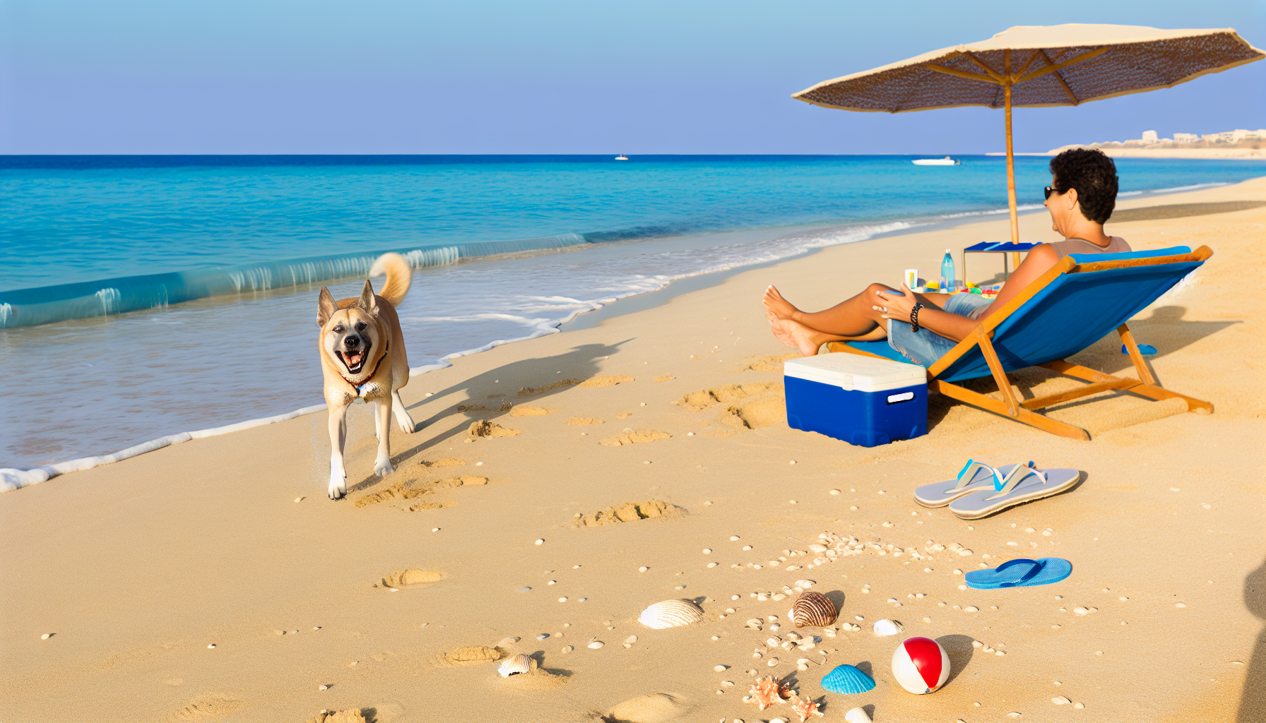 Eine entspannende Urlaubsatmosph&Atilde;&curren;re mit einer Person und ihrem treuen Hund. Die Person, mittlerer Abstammung und ohne spezifisches Geschlecht, verbringt ihren sonnigen Tag an einem ruhigen Sandstrand. Der vierbeinige Begleiter, der Freude und Aufregung zeigt, spielt am Ufer mit einem Ball, w&Atilde;&curren;hrend die Wellen sanft mit seinen Pfoten interagieren. Verstreute Muscheln, ein blauer Strandschirm, eine bequeme Liege und eine kleine K&Atilde;&frac14;hltasche voller erfrischender Getr&Atilde;&curren;nke tragen zur Urlaubsstimmung bei. In der N&Atilde;&curren;he kann man einen klaren, ruhigen Ozean beobachten, der am Horizont auf den bunten Himmel trifft.
