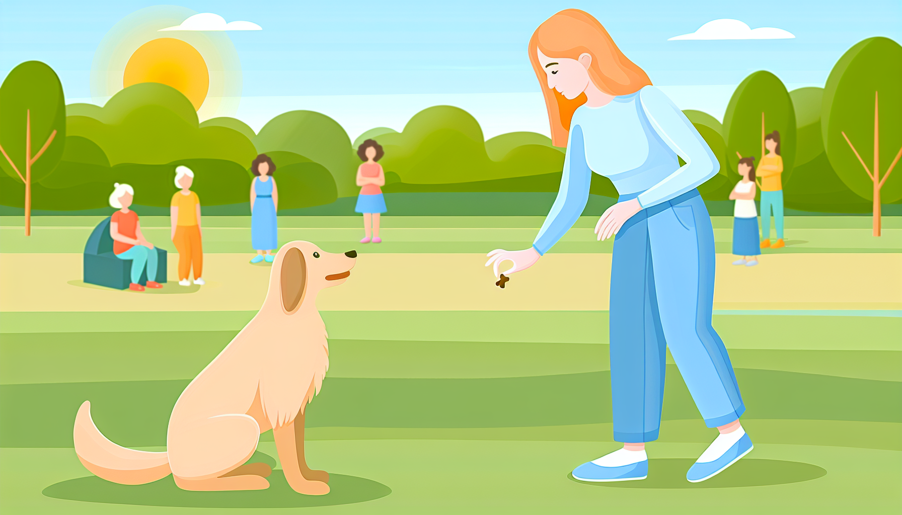 Eine anschauliche Darstellung des Hundetrainings. Eine kaukasische Hundetrainerin, gekleidet in einem lässigen blauen Outfit, demonstriert, wie man einem gehorsamen Golden Retriever einen neuen Trick mit einem Leckerli beibringt. Die Nachmittagssonne wirft einen warmen Schein über den friedlichen Park, in dem dieses Tutorial stattfindet, mit grünen Bäumen und fröhlichen Zuschauern, die in der Ferne beobachten.