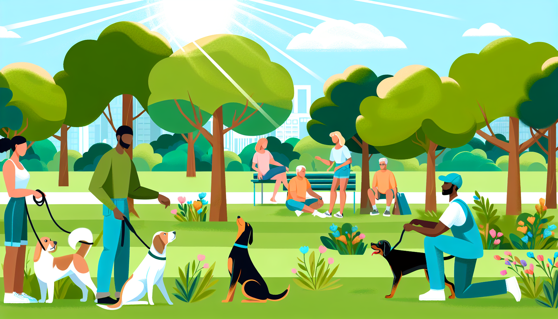 Eine vielfältige Szene des Hundetrainings in einem Park an einem sonnigen Tag. Die Szene zeigt Hunde verschiedener Rassen, die von ihren Besitzern trainiert werden. Ein kaukasischer Mann bringt einem Labrador bei, zu sitzen, eine hispanische Frau trainiert einen Beagle, um zu apportieren, und ein schwarzer Mann weist einen Rottweiler an, bei Fuß zu gehen. Im Hintergrund haben Menschen ein Picknick und Kinder spielen. Der Park ist voller hoher grüner Bäume, frischem grünen Gras und bunten Blumen. Vögel zwitschern, der Himmel ist blau, und das Sonnenlicht bricht durch die Blätter der Bäume, was eine schöne und friedliche Atmosphäre schafft.