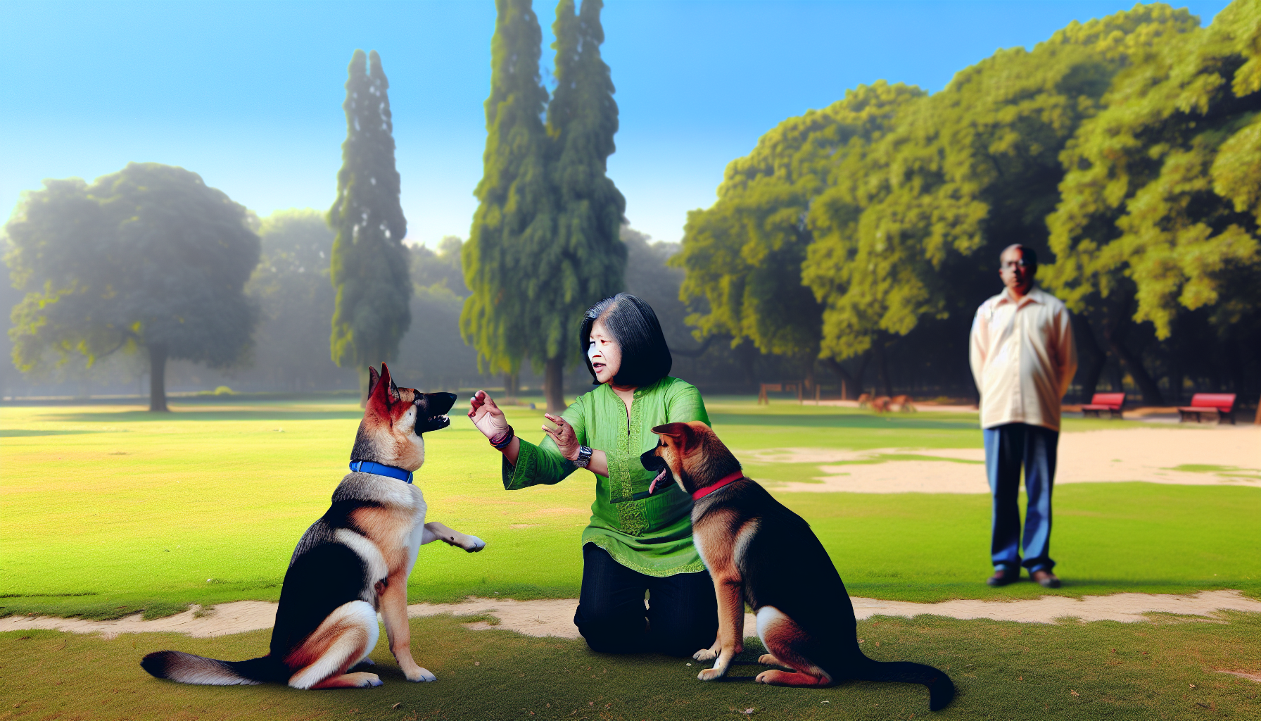 Eine visuelle Szene, die den Moment des Hundetrainings einfängt. Hinter der Trainerin bietet ein ruhiger Park mit üppigen Bäumen und blauem Himmel eine offene Umgebung zum Lernen. Die Trainerin, eine mittelalte asiatische Frau, demonstriert freundlich einen Befehl mit ausgestreckter Hand. Ihr geduldiger Deutscher Schäferhund beobachtet aufmerksam und ist bereit, dem Befehl zu folgen. In der Nähe beobachtet ein hispanischer Mann in seinen frühen 20ern ihre Interaktion mit seinem eifrigen Labrador-Welpen, der durch das Beispiel lernt. Das Wesen des Lehrens und die Freude am Lernen, begleitet von Liebe und Respekt für Tiere, verkörpern dieses Klassenzimmer im Freien.