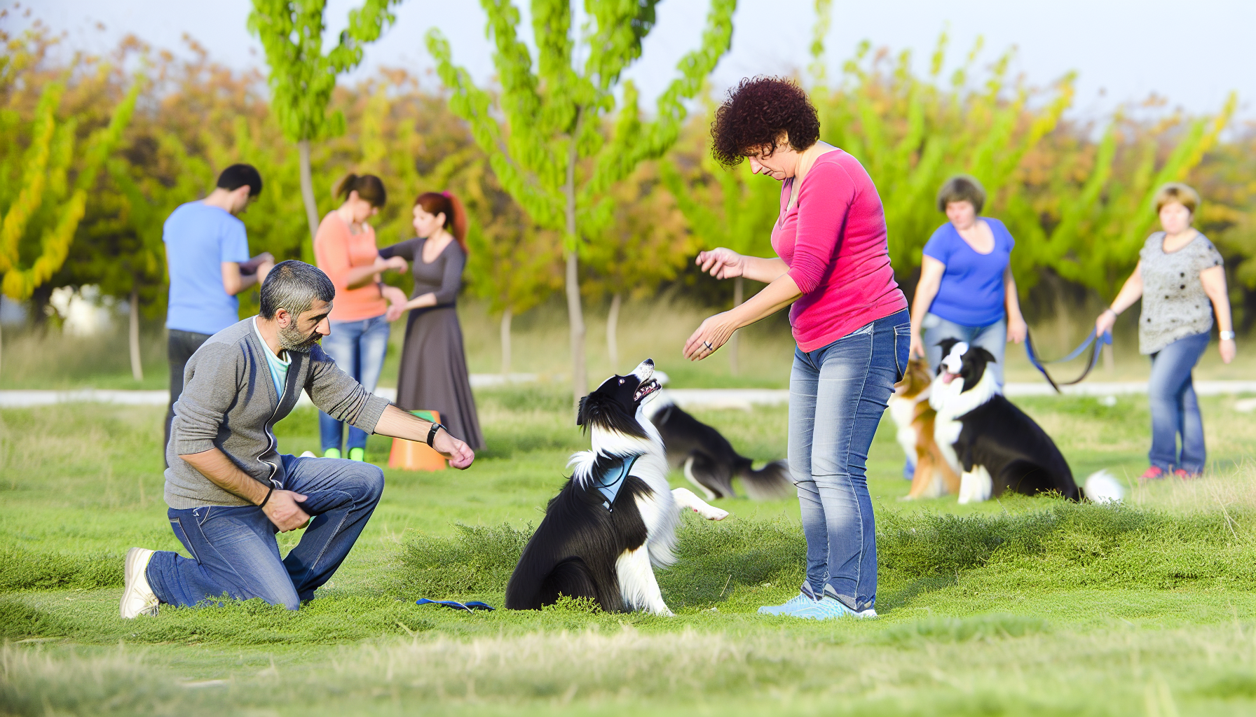 Eine Szene, die das Hundetraining darstellt. Die Trainerin, eine mittelalte Frau aus dem Nahen Osten, weist einen lebhaften Border Collie an, wie man sitzt. Die Umgebung ist ein Ã¼ppiger, offener Park mit BÃ¤umen und einem klaren Himmel. Im Hintergrund Ã¼ben andere Hunde und ihre Besitzer, verschiedener Herkunft und Geschlechter, Kommandos und Tricks, was eine aktive und dynamische AtmosphÃ¤re schafft. Die Stimmung des Bildes sollte positiv und frÃ¶hlich sein und die freudige Interaktion zwischen den Menschen und ihren Hunden widerspiegeln.