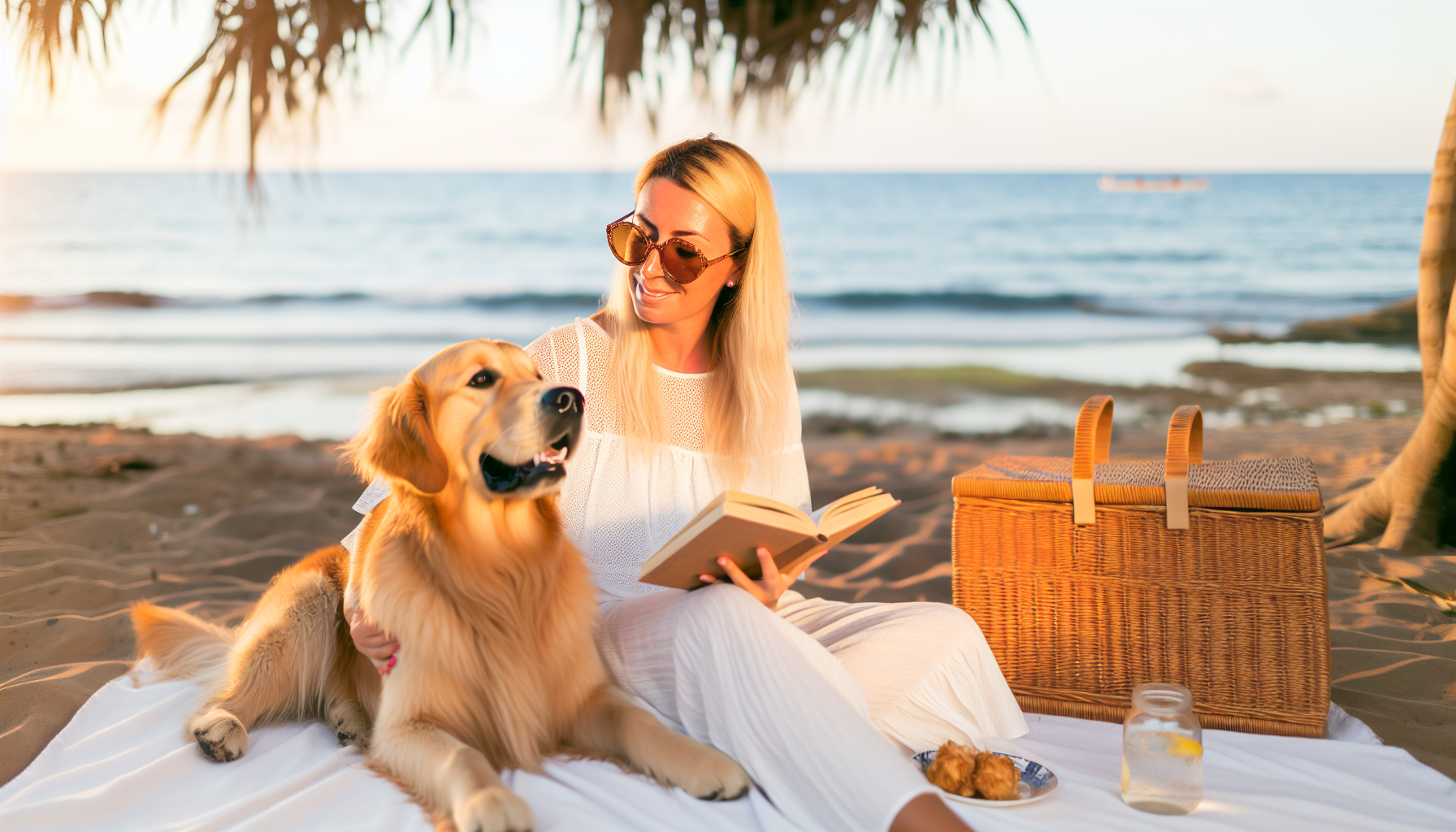 Eine kaukasische Frau genießt ihren Urlaub mit ihrem Golden Retriever. Sie befinden sich an einem wunderschönen Strand, die Frau sitzt auf einem Strandtuch und liest ein Buch, während sie eine Sonnenbrille trägt, und der Hund liegt neben ihr. Der Hund schaut in die Ferne, wo die Sonne untergeht. Sie sind von Palmen umgeben, und neben ihnen steht ein Picknickkorb. Im Hintergrund gibt es einen friedlichen Blick auf den Ozean, mit sanften Wellen, die gegen das Ufer plätschern.