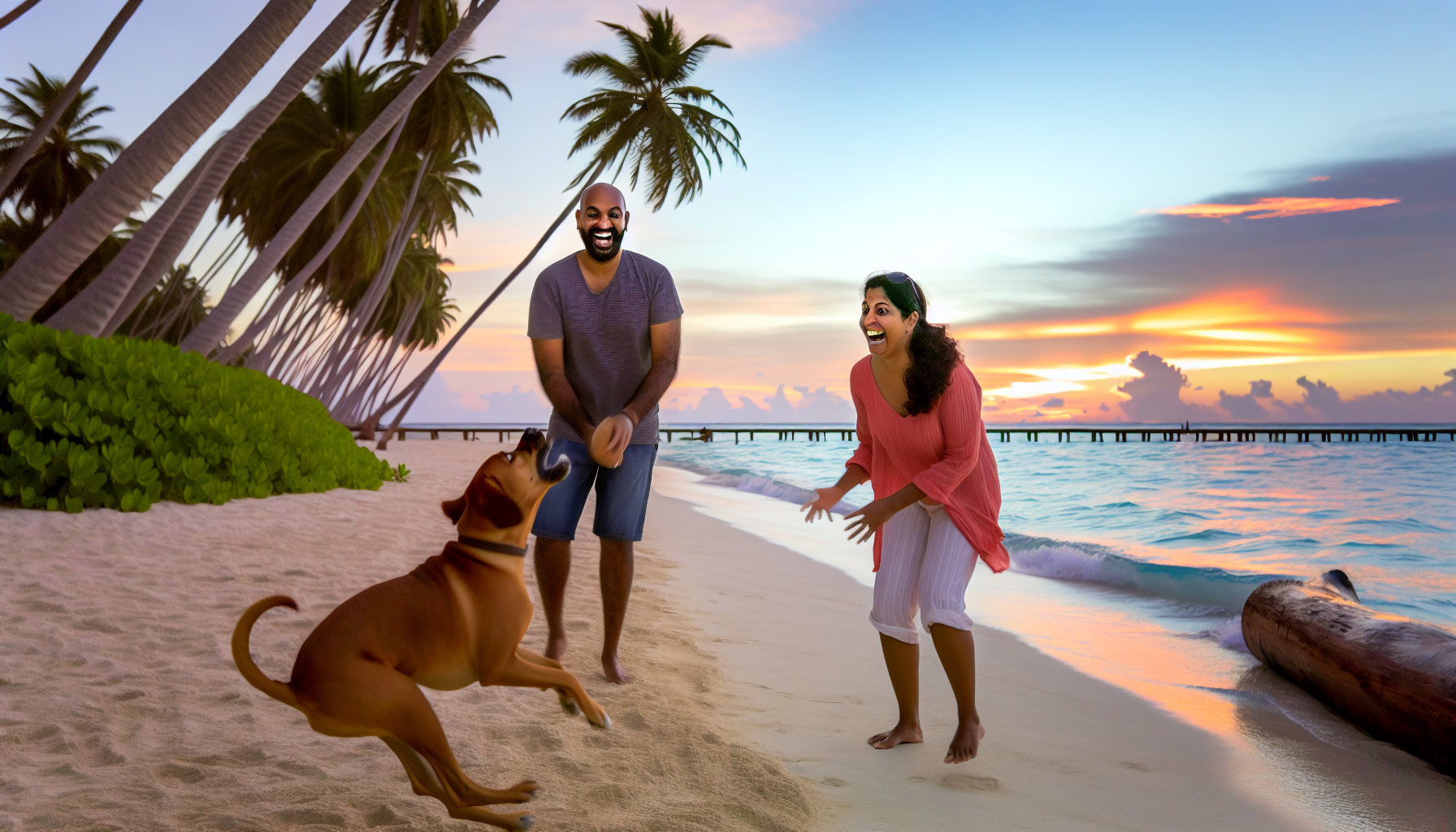 Ein Mann sÃ¼dasiatischer Abstammung und eine Frau hispanischer Abstammung sind im Urlaub mit ihrem schÃ¶nen braunen Hund. Sie werden von hohen Palmen flankiert, die sanft im Wind wehen, der vom ruhigen Meer in der NÃ¤he weht. Ein lebendiger Sonnenuntergang malt den Himmel in Farben von Orange und Pink, die sich auf den sanften WellenkÃ¤mmen des Ozeans spiegeln. Das Paar ist zu sehen, wie es lacht und mit ihrem Hund am sandigen Strand spielt. Der Hund, der gerade in der Luft ist, um eine Frisbee zu fangen, verleiht der friedlichen Szenerie eine verspielte Note.