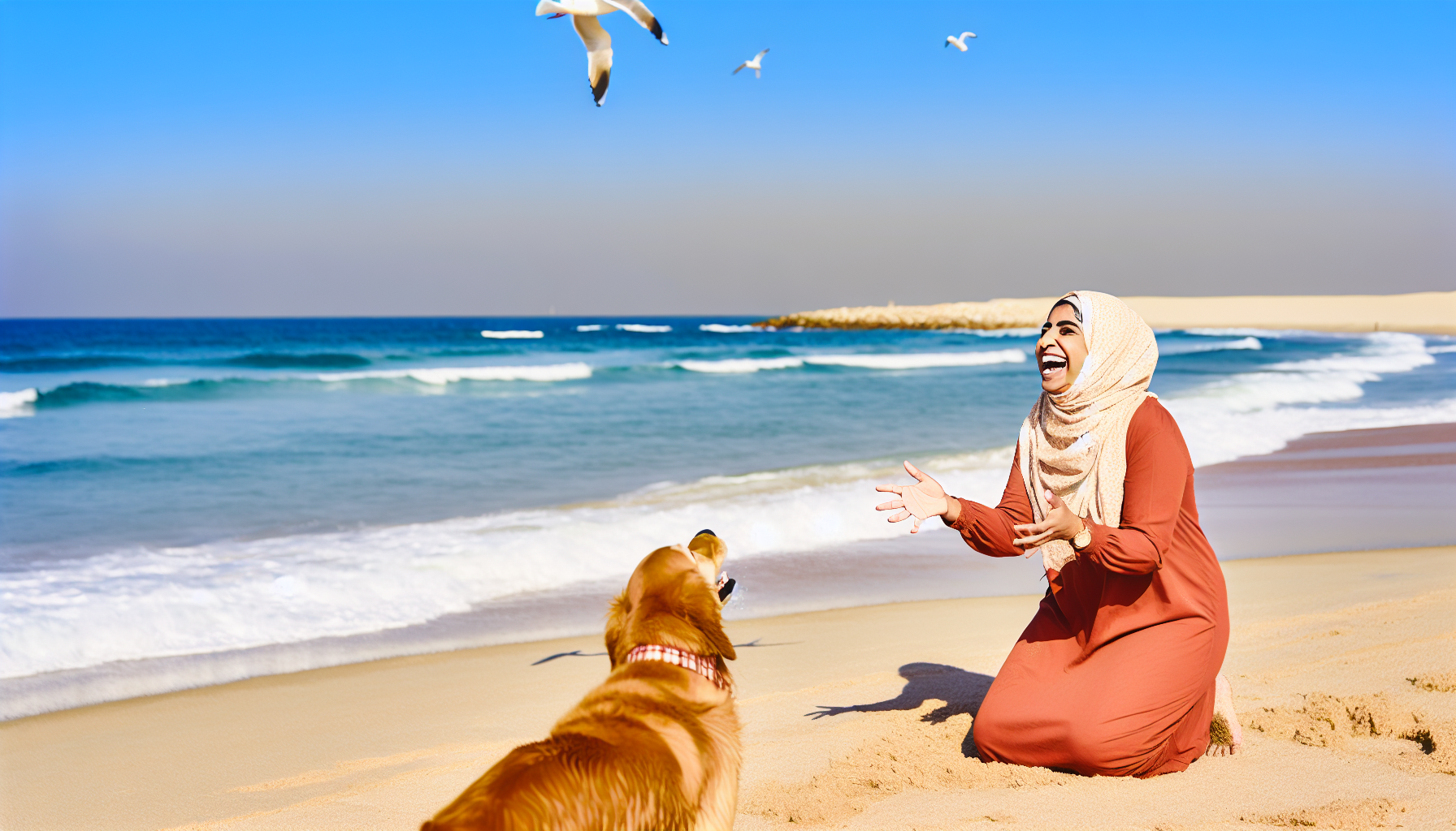 Eine entspannende Urlaubsatmosph&Atilde;&curren;re, in der eine mittel&Atilde;&para;stliche Frau lacht und mit einem lebhaften Golden Retriever am Sandstrand spielt. Es ist ein sonniger Tag mit klarem blauen Himmel, M&Atilde;&para;wen fliegen &Atilde;&frac14;ber ihr und im Hintergrund sieht man die sanften Wellen des ruhigen Ozeans, die sanft an den Strand schlagen.