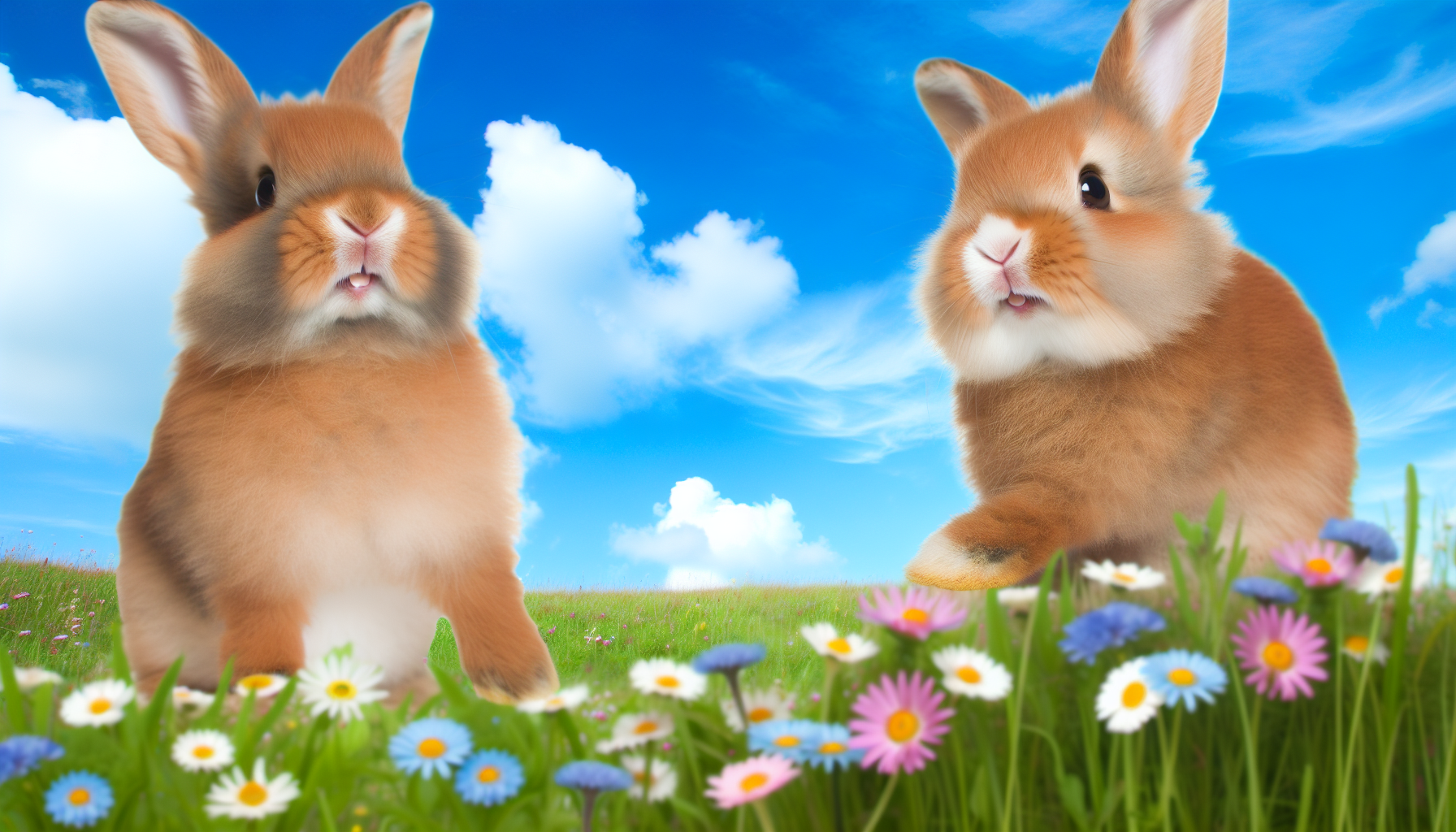 Ein süßes, flauschiges Kaninchen mit warmbraunem Fell und schlappen Ohren, das fröhlich auf einer Wiese voller Wildblumen spielt, unter einem schönen, klaren, blauen Himmel.