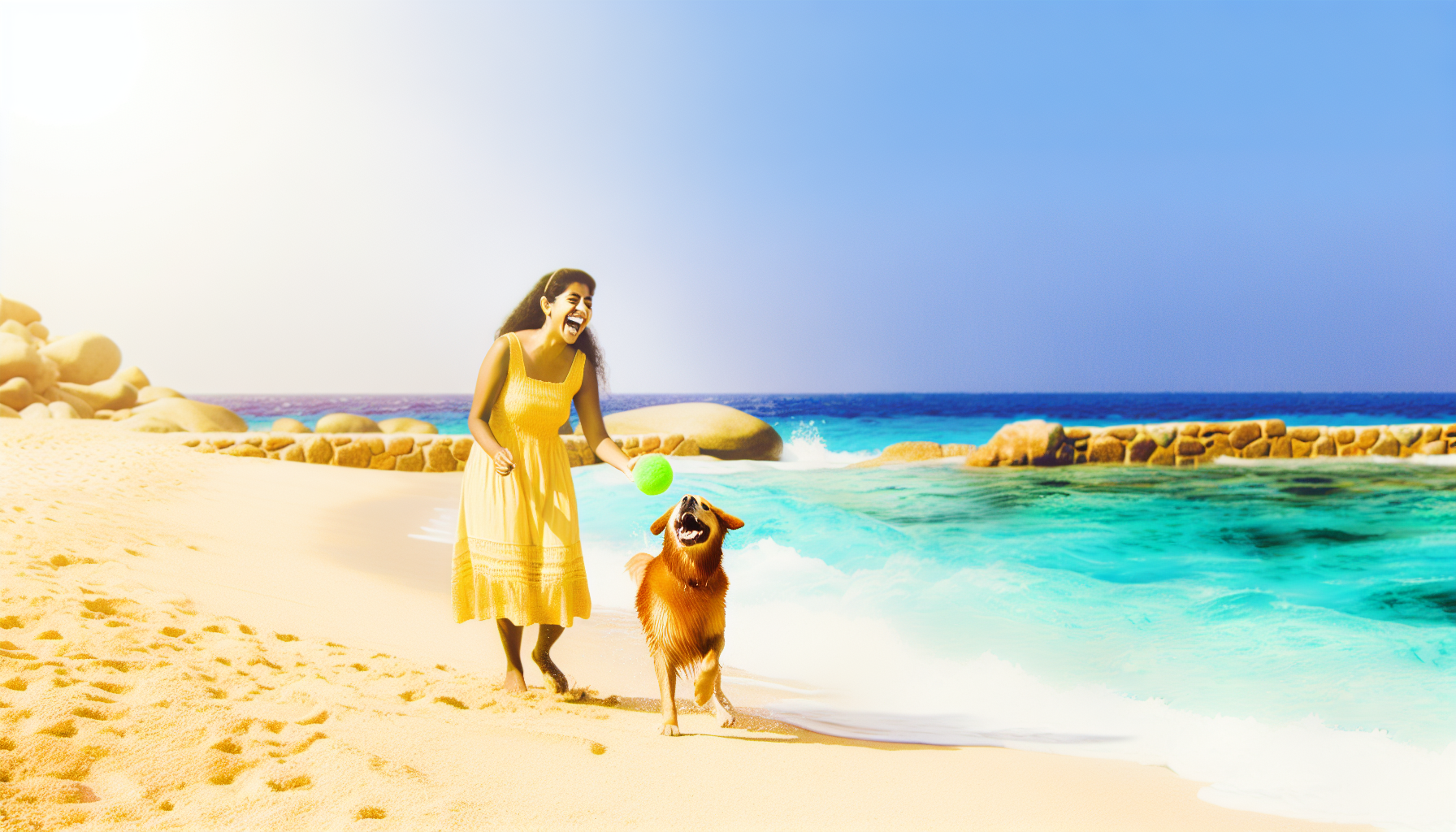 Eine fröhliche Urlaubsszene mit einem Hund. Es gibt einen sandigen Strand mit kristallklaren, azurblauen Wellen, die sanft gegen das Ufer schlagen. Die Sonne scheint hell am Himmel und wirft ein warmes, einladendes Licht über die Umgebung. In der Mitte der Szene sehen wir eine Person südasiatischer Abstammung, die in einem gelben Sommerkleid gekleidet ist und fröhlich mit einem energiegeladenen Golden Retriever spielt. Ihr Lachen hallt in der Luft, während der Hund begeistert einem neongrünen Tennisball nachspringt. Dieser herzerwärmende Moment fängt perfekt die Freude an einem Urlaub mit einem geliebten Haustier ein.