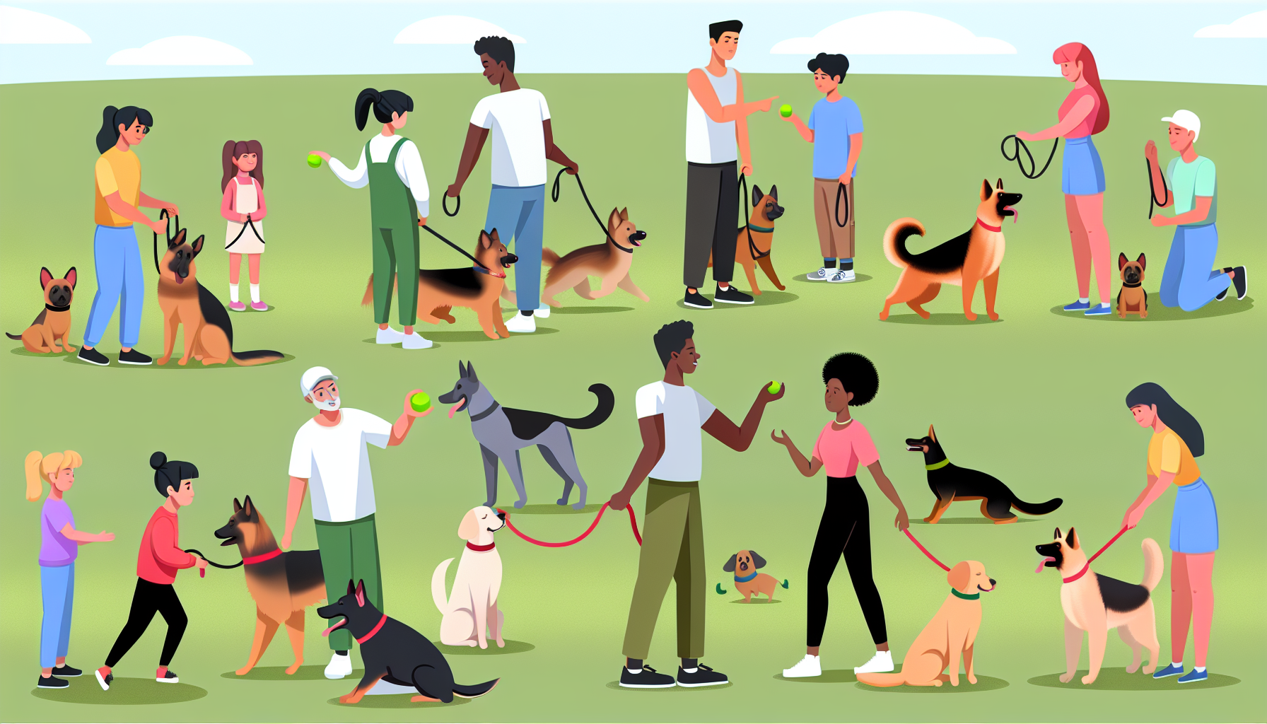 Eine Illustration, die verschiedene Elemente des Hundetrainings zeigt. Die Szene spielt im Freien in einem grasbewachsenen Park unter klarem, sonnigem Himmel. Ein kaukasischer Mann in lÃ¤ssiger Kleidung bringt einem Deutschen SchÃ¤ferhund bei, zu bleiben. In der NÃ¤he Ã¼bt eine asiatische Frau mit einem Golden Retriever das Apportieren mit einem neongrÃ¼nen Tennisball. Ein schwarzes Kind sozialisiert einen kleinen Terrier mit anderen Hunden, und eine mittelÃ¶stliche Frau arbeitet mit einem Labrador Retriever an einem Kommando zum Gehen mit einer roten Leine. Rundherum sind verschiedene Hunderassen und ihre jeweiligen Besitzer, die in ihre TrainingsaktivitÃ¤ten vertieft sind.