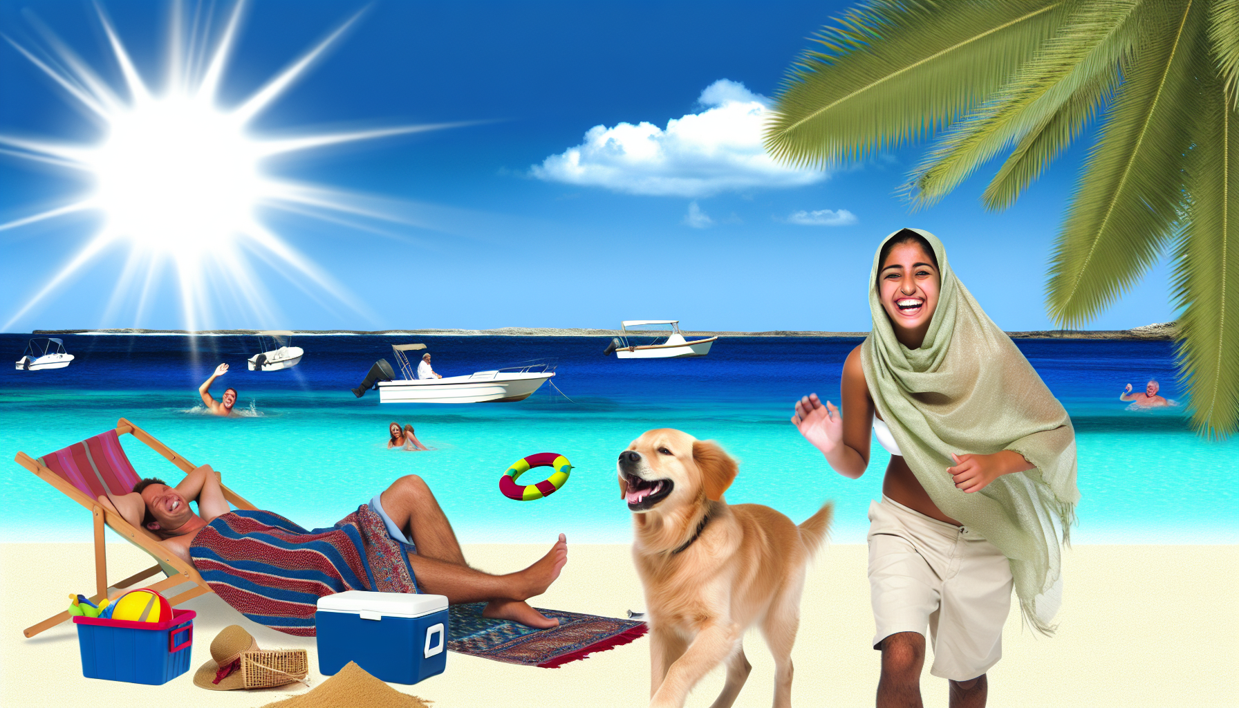 Eine Darstellung eines erfreulichen Urlaubszenarios. Stellen Sie sich eine ruhige Strandkulisse vor, in der eine vielfÃ¤ltige Gruppe von Menschen die Sonne genieÃŸt. Unter ihnen ist eine Frau aus dem Nahen Osten, die lachend Ã¼ber den Sand lÃ¤uft, begleitet von einem verspielten Golden Retriever. Das Meer im Hintergrund hat ein atemberaubendes Azurblau, das das warme Sonnenlicht widerspiegelt, wÃ¤hrend kleine Boote trÃ¤ge jenseits der Brandung treiben. Palmen spenden sanften Schatten Ã¼ber einem kaukasischen Mann, der friedlich in einer HÃ¤ngematte schlÃ¤ft. SchmÃ¼cken Sie das Bild mit Details eines typischen Strandurlaubs wie Sandburgen, Surfbrettern und einer KÃ¼hlbox voller erfrischender GetrÃ¤nke.