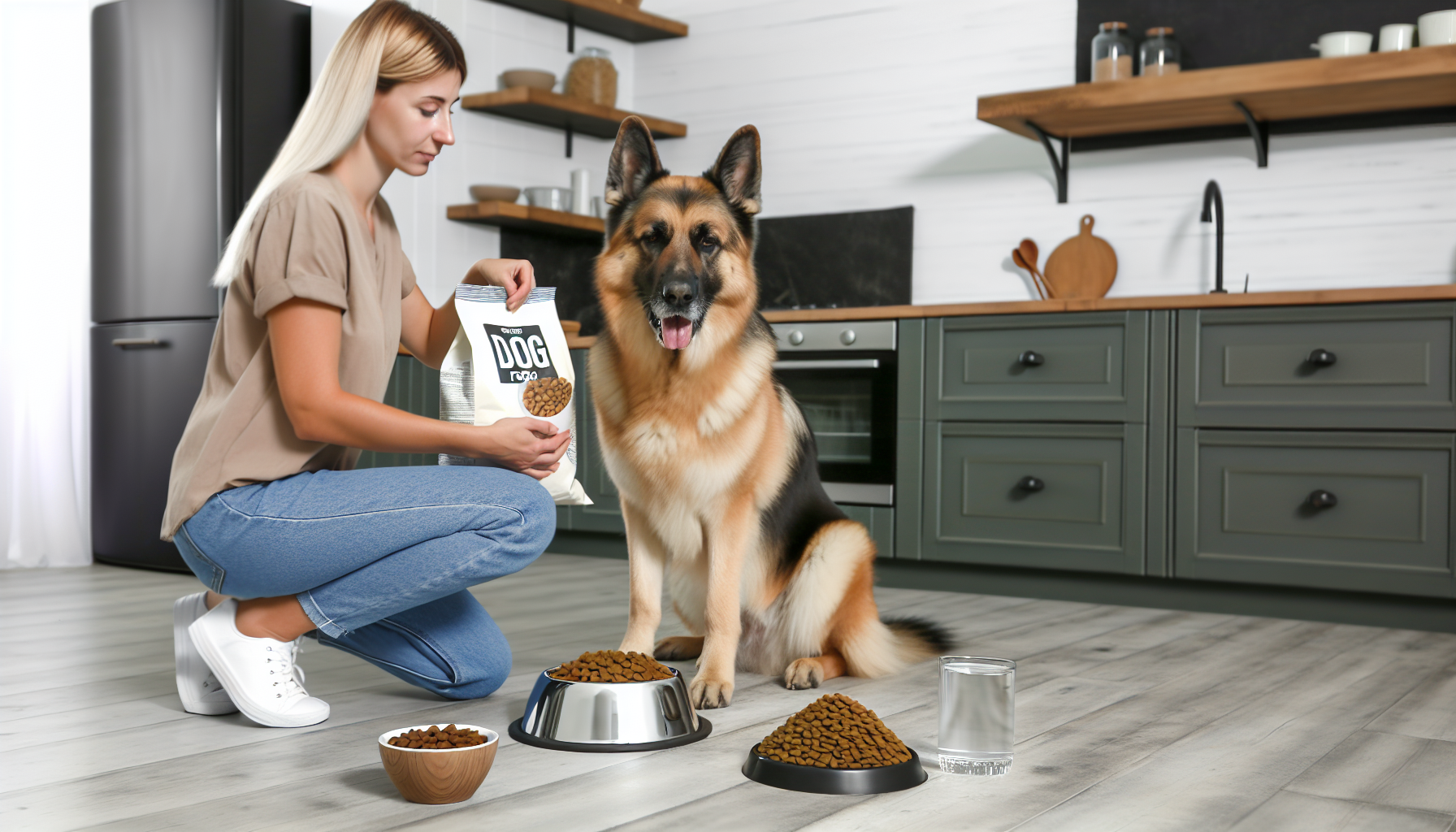 Ein Bild, das die richtige Art und Weise zeigt, einen Hund zu füttern. Ein Deutscher Schäferhund sitzt gehorsam vor einer Schüssel voller nahrhaftem Hundefutter. Daneben steht eine Wasserschüssel, die mit frischem Wasser gefüllt ist. Die Besitzerin, eine kaukasische Frau, gießt sanft das Futter aus einem großen Sack mit der Aufschrift 'Hundefutter' in die Schüssel. Alles findet in einer gut beleuchteten, sauberen Küche mit modernem Design statt.