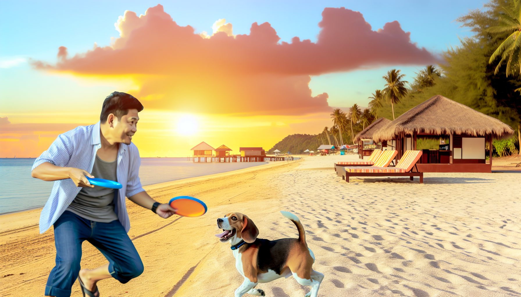 Ein südasianischer Mann genießt einen Urlaub mit seinem Beagle-Hund. Sie spielen am Strand mit einem Frisbee, den der Mann wirft, während der Hund hinterherläuft. Im Hintergrund ist ein malerischer Sonnenuntergang zu sehen, der die gesamte Szene friedlich wirken lässt. Am Rand des Strandes sind eine Strandhütte und einige Palmen zu sehen, was darauf hinweist, dass es sich um einen tropischen Ort handelt.