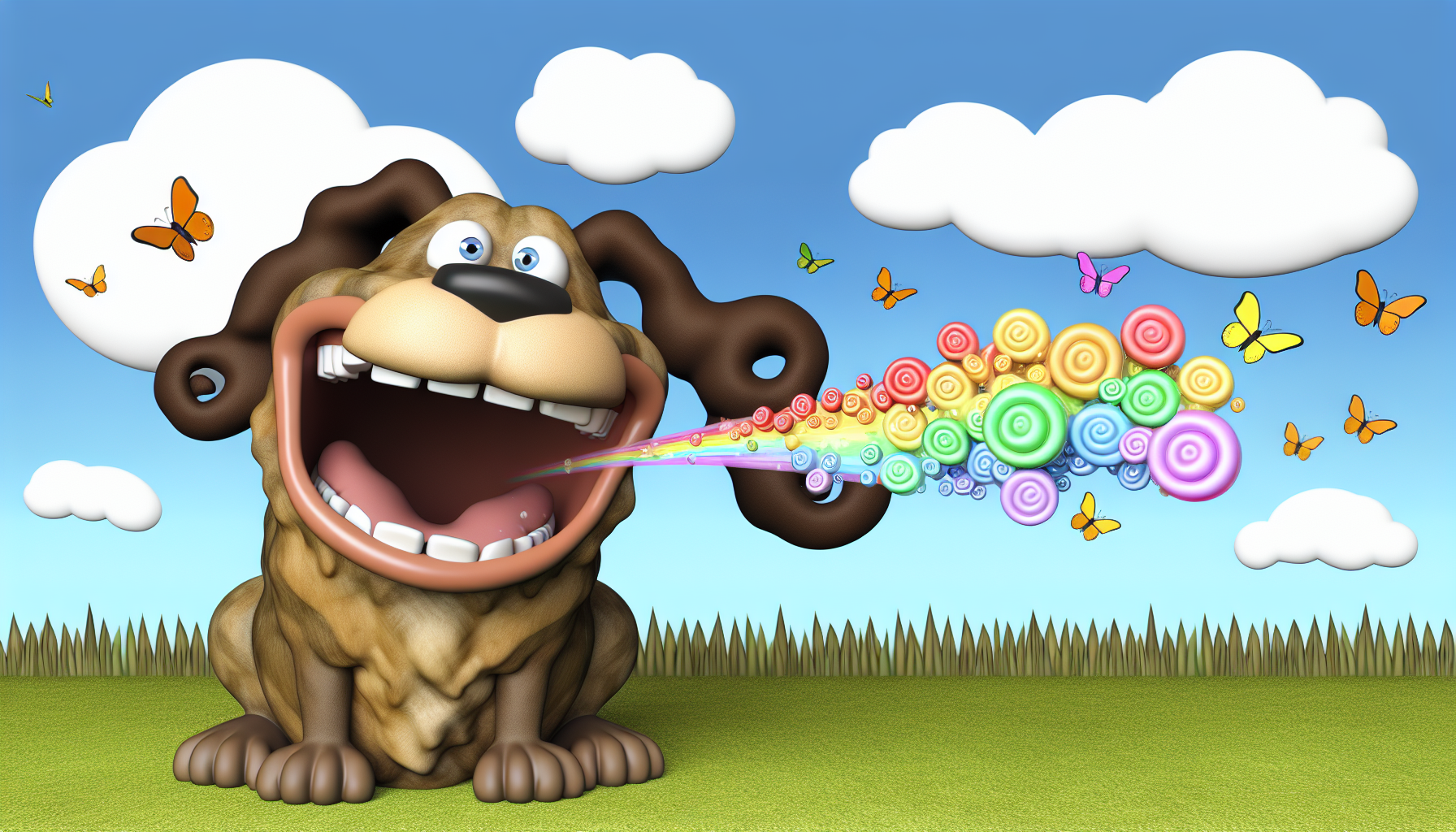 Eine humorvolle Darstellung eines glücklichen Cartoon-Hundes mit übertriebenen Merkmalen und welligem braunem Fell, der auf einem Grasfeld unter einem teilweise bewölkten Himmel sitzt. Der Hund öffnet sein Maul weit, als würde er bellen oder gähnen, aber anstelle normaler Hundegeräusche fließt bunter Seifenschaum in Regenbogenfarben heraus. Schmetterlinge fliegen umher und eine verspielte Atmosphäre ist offensichtlich. Der gesamte Stil ist fantasievoll, einfallsreich und kinderfreundlich.