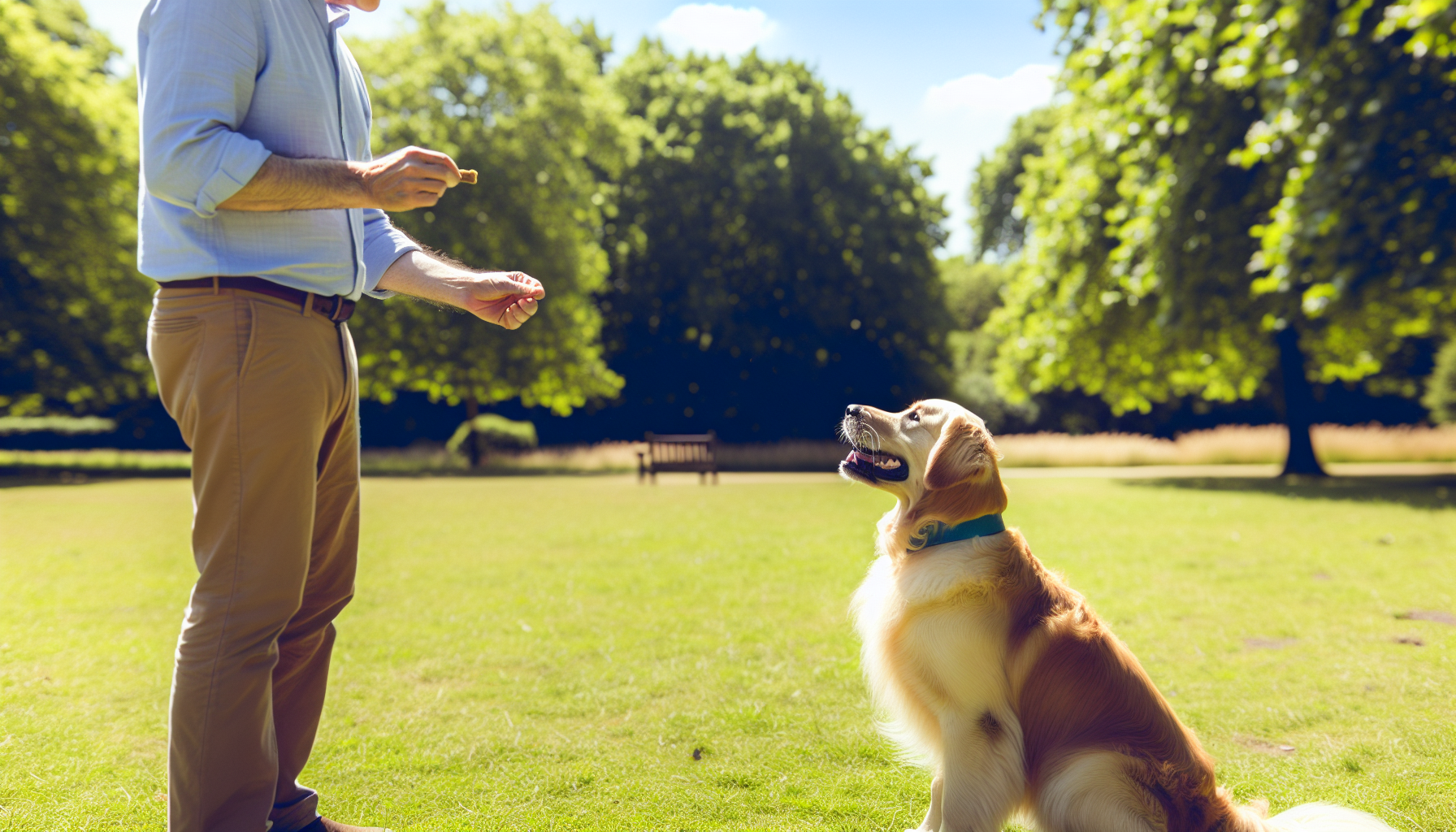 Eine Szene aus einer Hundetrainingseinheit. Der Hund, ein Golden Retriever, schaut gespannt zu seinem Trainer, einem mittelalten kaukasischen Mann, der ein Leckerli in der Hand hÃ¤lt. Der Hund sitzt gehorsam mit wedelndem Schwanz und wartet auf das Kommando des Trainers. Die Umgebung ist ein sonniger, Ã¶ffentlicher Park, der mit Ã¼ppigen grÃ¼nen BÃ¤umen und einem klaren blauen Himmel darÃ¼ber gefÃ¼llt ist.