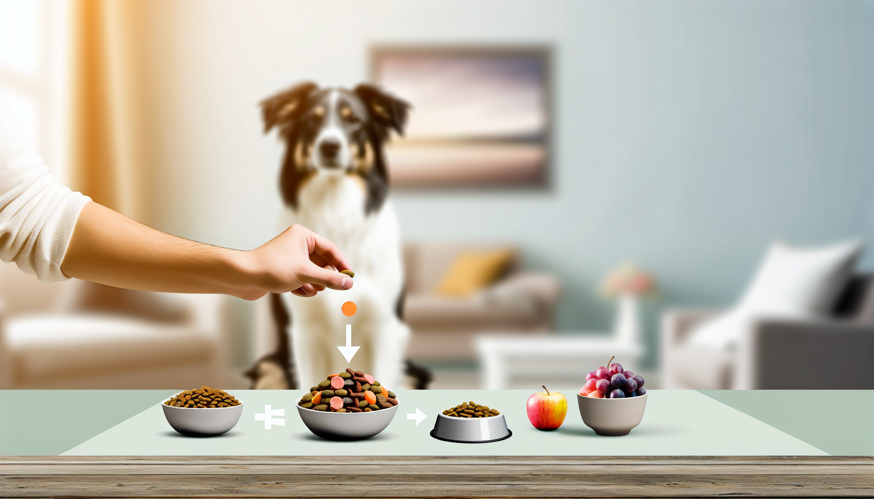 Eine Darstellung der richtigen Art, einen Hund zu füttern, zeigt eine Schüssel, die mit nahrhaftem Hundefutter gefüllt ist, idealerweise einer Mischung aus Nass- und Trockenfutter sowie einer Vielzahl von Früchten und Gemüse, die für die Ernährung des Hundes geeignet sind. Die Szene spielt drinnen in einem gemütlich eingerichteten Raum, und der Hund wartet geduldig davor, während eine Person liebevoll das vorbereitete Futter hinstellt. Alle Elemente verdeutlichen visuell, dass der Fütterungsprozess ruhig, organisiert und korrekt ist.