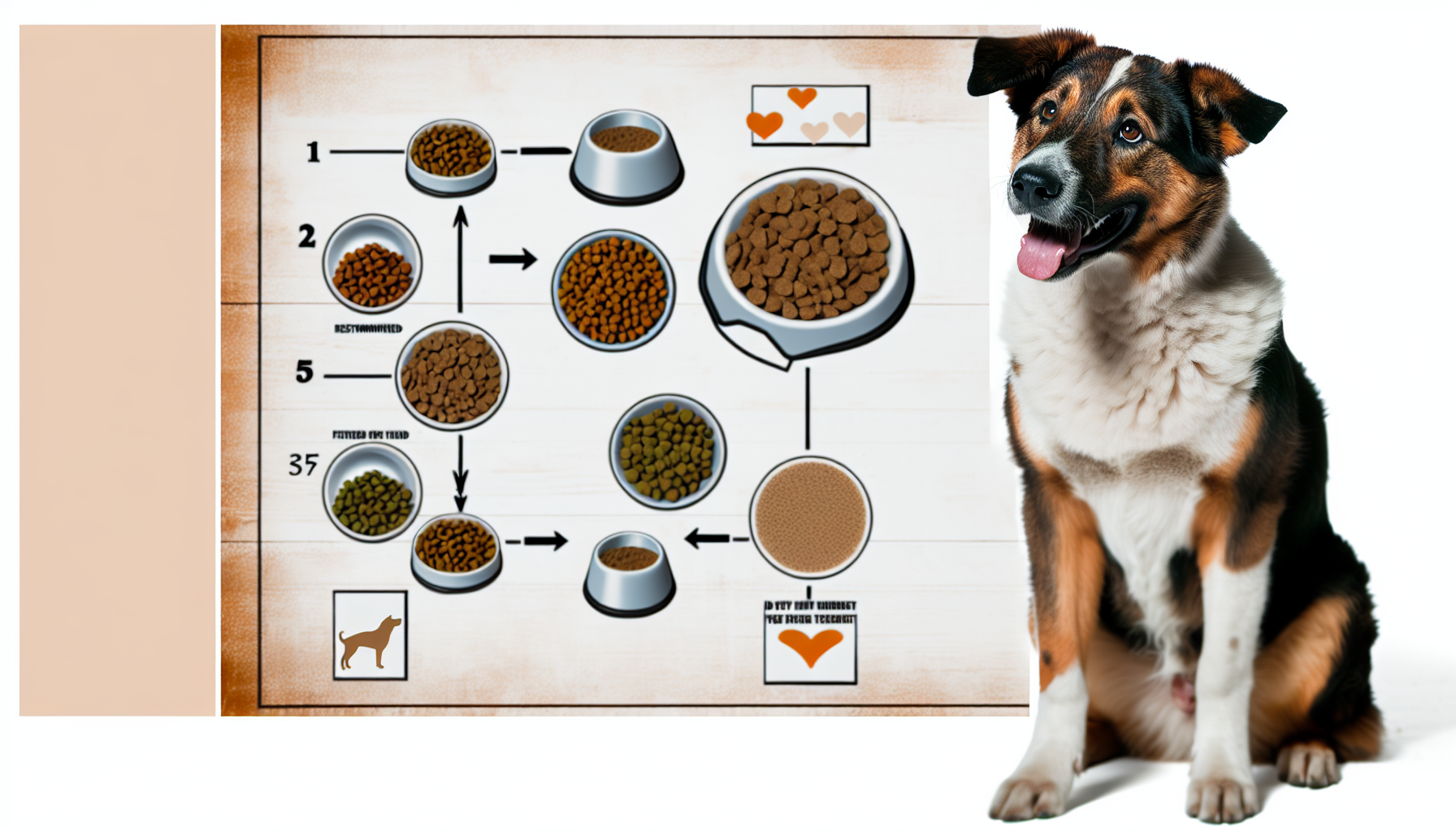 Ein detaillierter grafischer Leitfaden, der den richtigen Weg zeigt, einen Hund zu füttern, mit Darstellungen empfohlener Nahrungsmittel, Portionsgrößen und Fütterungszeitplan. Das Bild sollte auch deutlich einen glücklichen, gut gepflegten Mischlingshund zeigen, der geduldig auf seine Mahlzeit wartet und die Fütterungsroutine einhält.