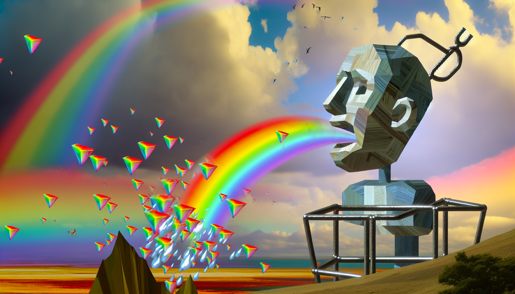 Eine surreale Szene, in der die Handlung des "Erbrechens" personifiziert wird. Die Bildsprache sollte einen Charakter umfassen, der physisch aus bar&Atilde;&curren;hnlichen Objekten besteht, m&Atilde;&para;glicherweise aus Metallrahmen oder Holzbohlen. Der Charakter ist emotional, seine Gesichtsausdr&Atilde;&frac14;cke zeigen ein Gef&Atilde;&frac14;hl von Unbehagen oder Not. Au&Atilde;Ÿerdem st&Atilde;&para;&Atilde;Ÿt dieser Charakter Regenb&Atilde;&para;gen aus seinem Mund aus, was den Eindruck erweckt, dass er "Regenb&Atilde;&para;gen erbricht". F&Atilde;&frac14;gen Sie weitere Elemente hinzu, um das surreale Gef&Atilde;&frac14;hl des Bildes zu verst&Atilde;&curren;rken, wie schwebende geometrische Formen, einen Himmel in unnat&Atilde;&frac14;rlichen Farben und Landschaften, die den Gesetzen der Physik widersprechen. Die Szene sollte eine traumhafte, andereweltliche Qualit&Atilde;&curren;t haben.