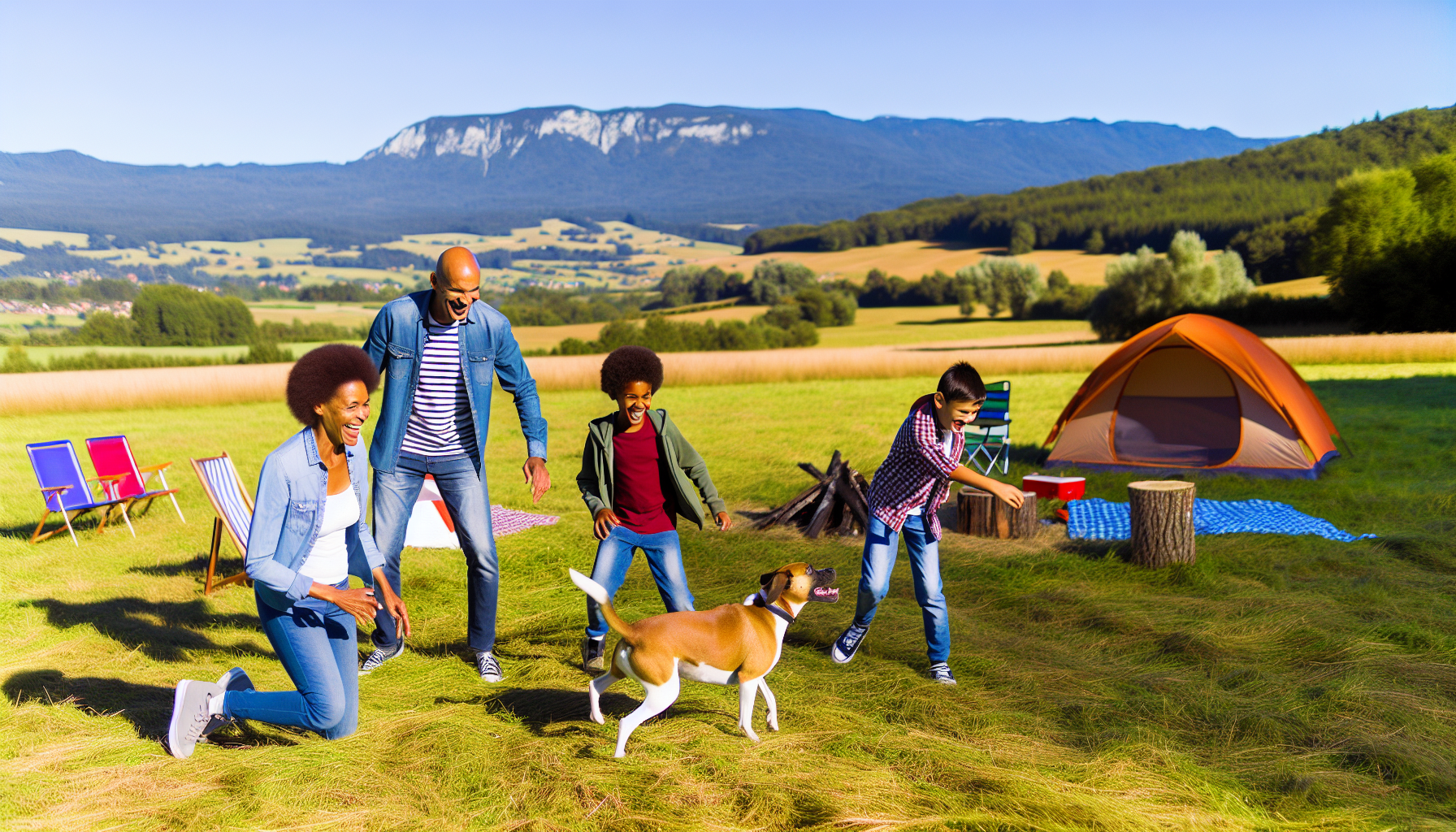 Eine Familie mit vier Mitgliedern, bestehend aus einem Vater aus dem Nahen Osten, einer afrikanischen Mutter, einem hispanischen Sohn und einer asiatischen Tochter, verbringt ihren Urlaub mit ihrem Haustierhund in einer ländlichen Umgebung. Sie entspannen sich auf einem weitläufigen, grünen Feld, während der Hund fröhlich umherläuft. Im Hintergrund sind malerische Berge zu sehen und der azurblaue Himmel darüber. Ihr Campingplatz mit einem Zelt, einem Lagerfeuer und einem Picknicktisch befindet sich in der Nähe. Die Familie spielt ein fröhliches Fangspiel mit dem Hund, während ihr Lachen über die Wiesen hallt.