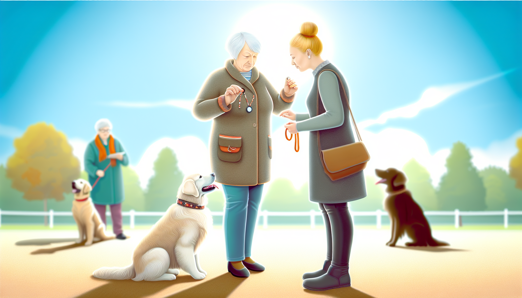Eine detaillierte Szene von zwei kaukasischen Frauen, einer älteren Frau, die wie eine Trainerin mit einem Fachabzeichen aussieht, und einer jüngeren Frau, die vermutlich die Hundebesitzerin ist. Sie befinden sich in einem offenen Raum, wie einem Park, an einem hellen, sonnigen Tag und nehmen an einer Hundetrainingsstunde teil. Die Trainerin zeigt einen festen, aber freundlichen Umgang mit einem gut gepflegten Golden Retriever, wobei sie einen Clicker und Leckerlis als Trainingswerkzeuge verwendet. Die jüngere Frau beobachtet aufmerksam, macht sich Notizen und scheint begierig darauf zu lernen. Im Hintergrund sind andere Hunde und deren Besitzer zu sehen, die dem Park Leben einhauchen.