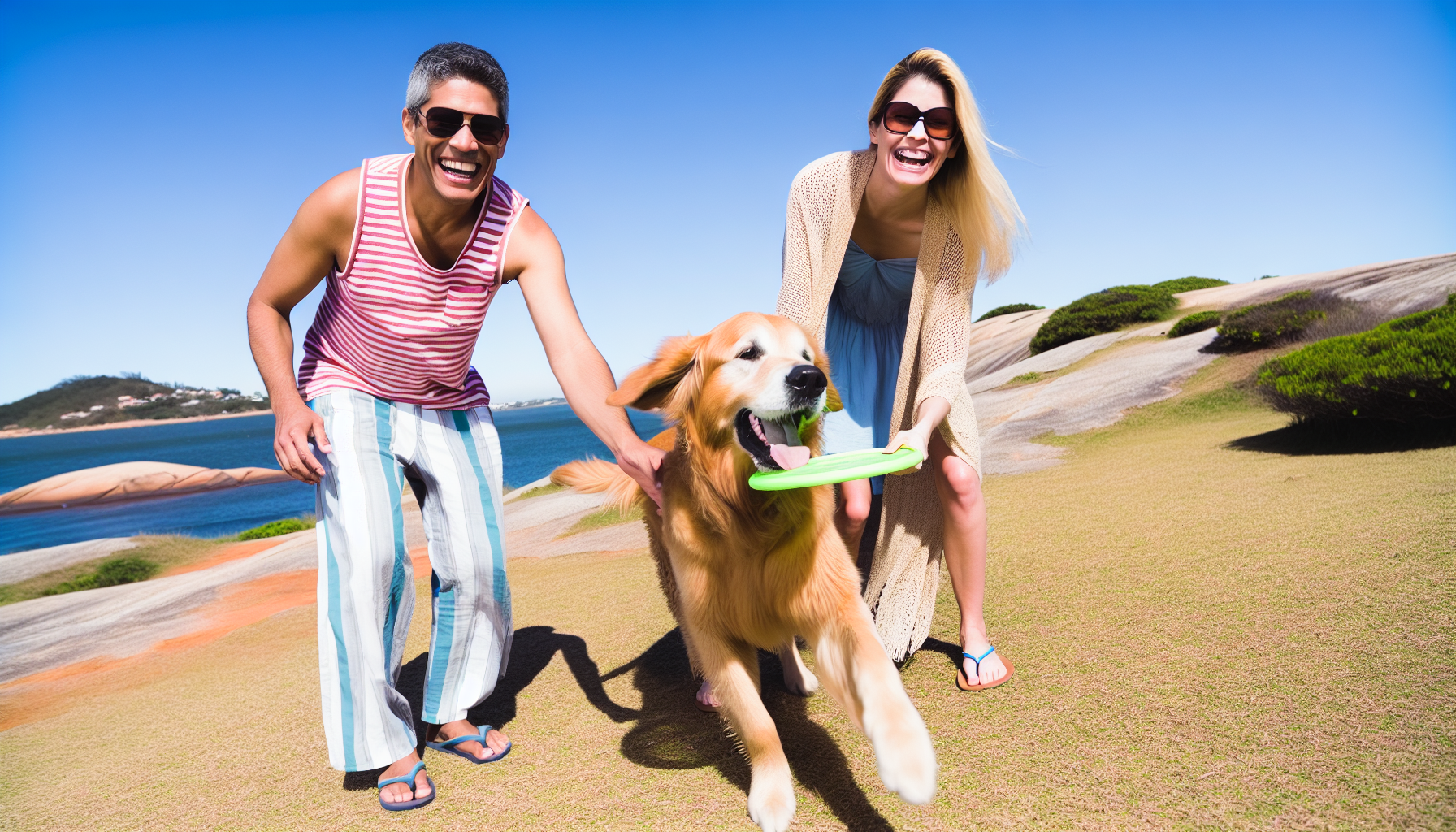 Eine kaukasische Frau und ein hispanischer Mann genießen einen Urlaub mit ihrem Golden Retriever. Sie befinden sich in einer malerischen Umgebung, vielleicht an einem Strand oder in hügeligem Gelände. Der Hund läuft verspielt herum und holt einen Frisbee. Sowohl der Mann als auch die Frau tragen bequeme Urlaubsbekleidung, Sonnenbrillen und haben breite Lächeln im Gesicht, die Freude und Entspannung ausdrücken.