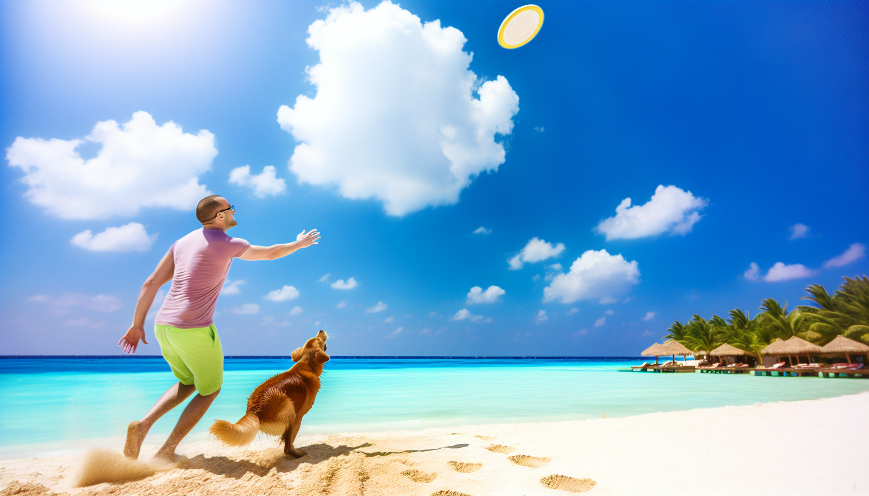Eine Person im Urlaub mit ihrem Hund. Die Person ist ein kaukasischer Mann und der Hund ist ein verspielter Golden Retriever. Sie genießen einen sonnigen Tag am Strand, im Hintergrund ist das Meer mit türkisblauem Wasser zu sehen. Der Mann wirft einen Frisbee und der Hund rennt, um ihn zu fangen, was ein perfektes Bild von Urlaubsfreude darstellt. Der Himmel ist hell mit wenigen fluffigen weißen Wolken, die zufällig verteilt sind. In der Ferne stehen Palmen und einige Liegestühle. Die Fußabdrücke des Mannes im Sand führen zu dieser Szene.