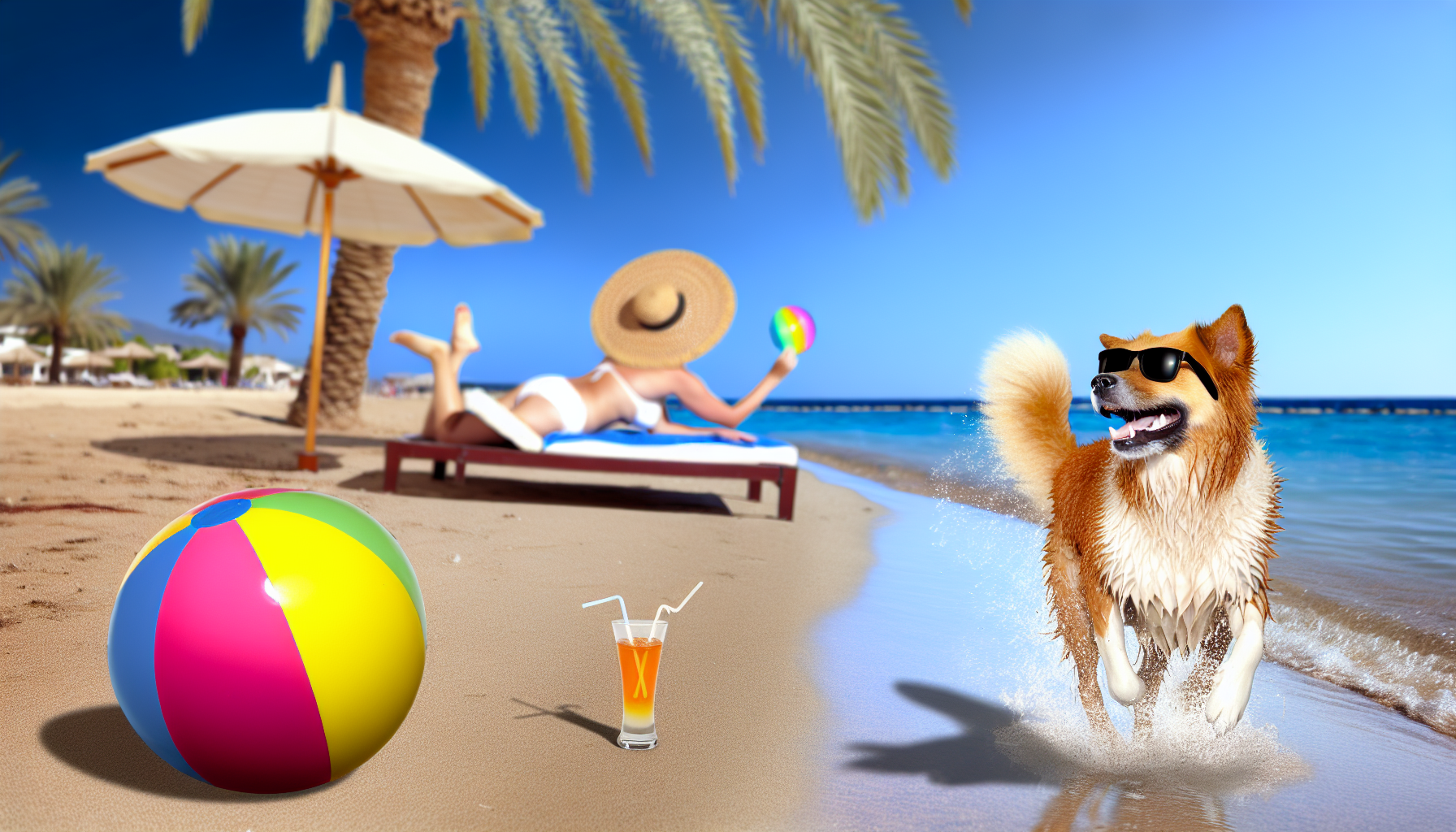 Ein Bild von einem angenehmen Urlaub mit einem Hund. Die Szenerie ist ein sonniger Strand, an dem der Hund verspielt entlang der Küstenlinie läuft und Wasser hinter sich aufspritzt. Im Hintergrund sind sanft wiegende Palmen im Meeresbrise zu sehen. Ein runder, buntfarbener Strandball liegt in der Nähe, und eine Person, die kaukasischer Abstammung und geschlechtsneutral ist, kann gesehen werden, wie sie ein erfrischendes Getränk schlürft, während sie auf einer Liege unter einem großen Sonnenschirm liegt und die ruhige Atmosphäre genießt. Die Person wirft einen Frisbee in Richtung des Hundes, dessen Schwanz wild wedelt, was seine enorme Aufregung anzeigt.