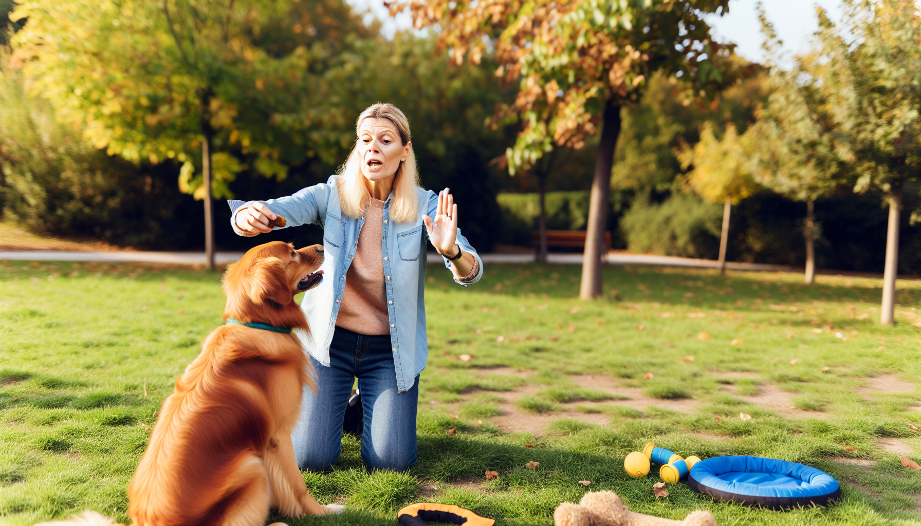 Eine kaukasische Hundetrainerin unterrichtet begeistert einen Golden Retriever, im Gras eines Outdoor-Parks Platz zu machen. Die Frau, die legere Kleidung trägt, hält in einer Hand ein Leckerli und signalisiert mit der anderen Hand dem Hund, sich hinzusetzen. Der Hund, dessen goldenes Fell im Sonnenlicht glänzt, schaut erwartungsvoll auf das Leckerli. Um sie herum liegen verschiedene Hundespielzeuge und Trainingsgeräte verstreut im Gras.