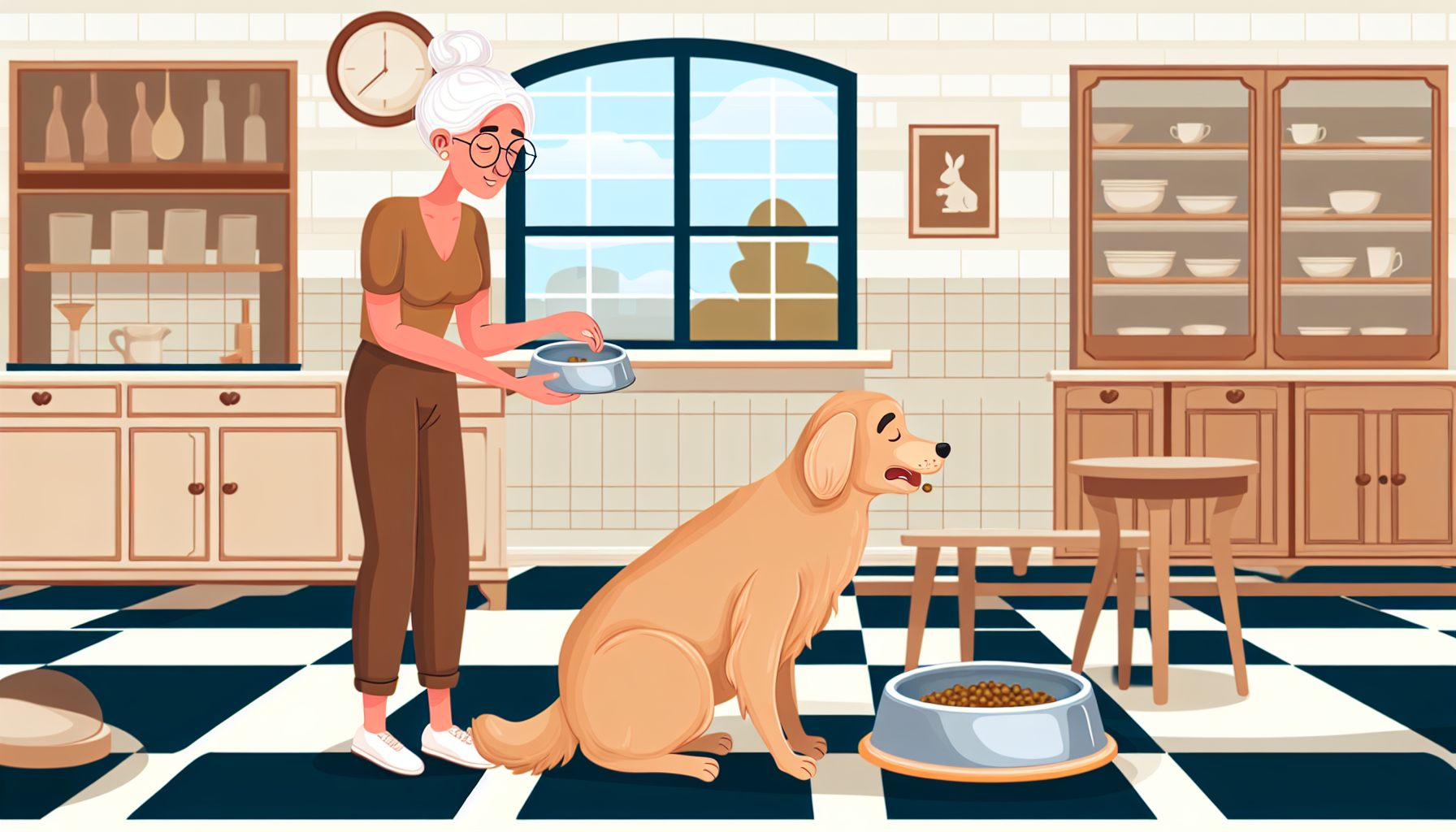 Eine Illustration einer verantwortungsvollen Haustierhaltung, in der eine mittelalte, weiÃŸe Frau zu sehen ist, die ihrem gesunden Golden Retriever Futter gibt. Sie bietet ihm eine ausgewogene ErnÃ¤hrung in einer glÃ¤nzenden MetallschÃ¼ssel an. Die Szenerie spielt in einer gemÃ¼tlichen, gut beleuchteten KÃ¼che mit Schachbrettboden und MÃ¶beln im Vintage-Stil. Im Hintergrund gibt es ein Fenster, das einen sonnigen Tag drauÃŸen zeigt.