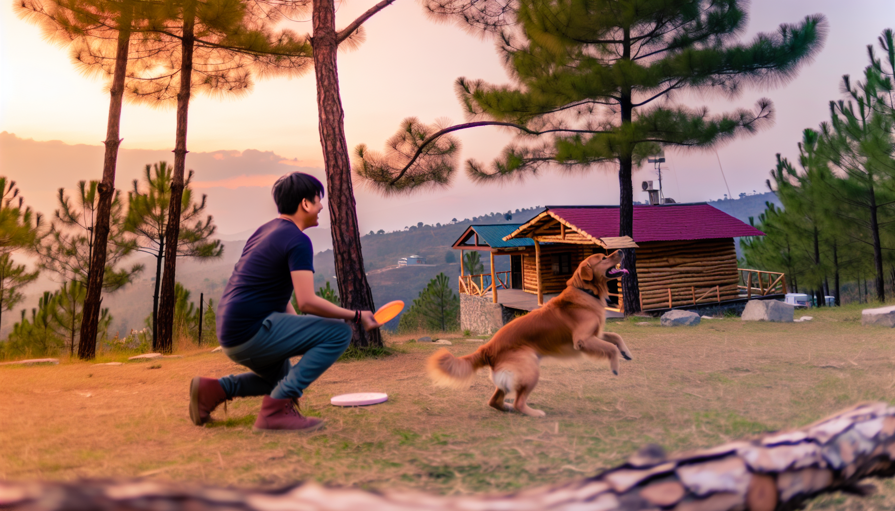 Eine Person genießt ihren Urlaub mit ihrem Hund. Sie befinden sich an einem ruhigen Ort in der Nähe einer Holzlaube, die zwischen hohen Kiefern steht. Die Sonne geht unter und bringt orange und lila Farbtöne in den Himmel, während der Tag zu Ende geht. Die Person, ein asiatischer Mann mit entspannter Ausstrahlung, spielt Apportieren mit dem Hund, einem fröhlichen Golden Retriever, der am Rand des Bildes gerade dabei ist, einen Frisbee zu holen. Sie teilen einen Moment purer Freude, das Wesen eines perfekten Urlaubs in der Natur.