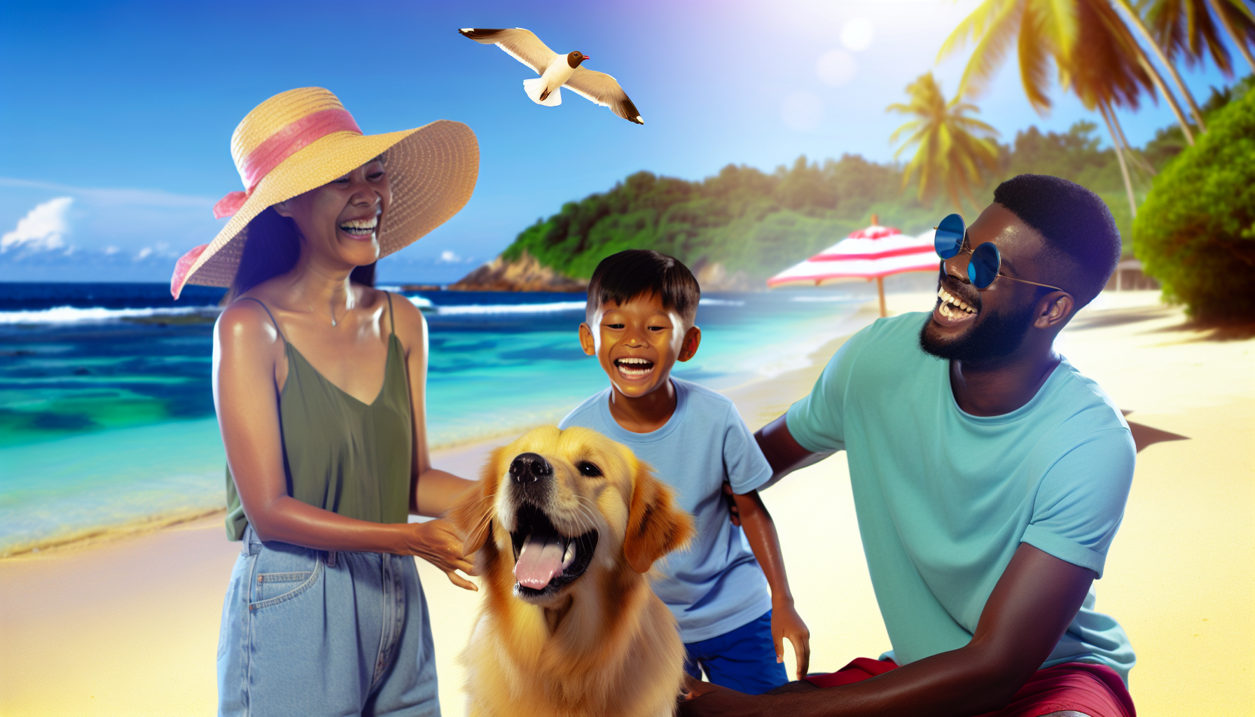 Eine Familie im Urlaub mit ihrem Hund. Die Szenerie ist ein malerischer Strand mit klarem blauen Wasser und weichem, goldenem Sand. Die Familie besteht aus einer südasiatischen Mutter, einem schwarzen Vater und ihrem gemischtrassigen Kind. Sie interagieren fröhlich mit einem fröhlichen Golden Retriever, der einen strandtauglichen Sonnenhut trägt. Im Hintergrund wiegen sich Palmen sanft im leichten Meeresbrise, und ein Strandschirm bietet Schutz vor der Sonne. Gelegentlich kreischen Möwen über ihnen und tragen zur lebhaften Atmosphäre bei. Ein Bild von Freude, familiärer Liebe und Urlaubsentspannung.