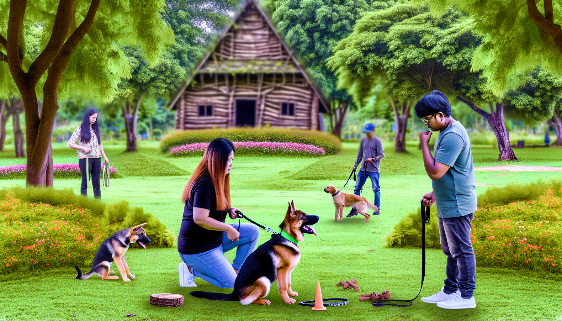 Eine Szene einer Hundetrainingseinheit. Es gibt einen großen Park, der lebhaft mit grünem Gras, schönen Blumen und schattenspendenden Bäumen ist. In der Mitte gibt eine asiatische Frau Befehle an einen Deutschen Schäferhund, der eifrig bereit ist, ihren Anweisungen zu folgen. Im Hintergrund ist ein südasiatischer Mann zu sehen, der einem Labrador-Welpen Befehle beibringt. Hinter ihnen schaut ein geheimnisvolles Holzhaus auf die Szene und verleiht ihr einen Hauch von rustikalem Charme. Die Trainingsutensilien, wie eine Leine, Leckerlis und Spielzeuge, liegen verstreut im Park und warten darauf, benutzt zu werden.
